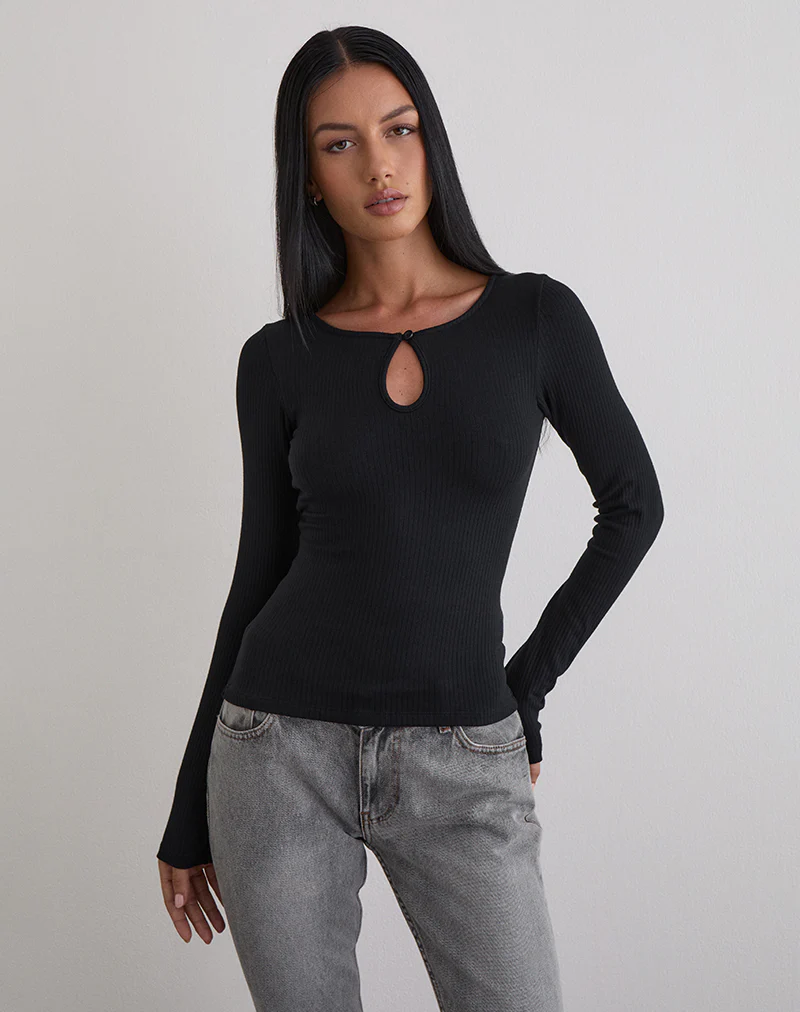 Nique Long Sleeve Top in Thick Rib Black - Image 2