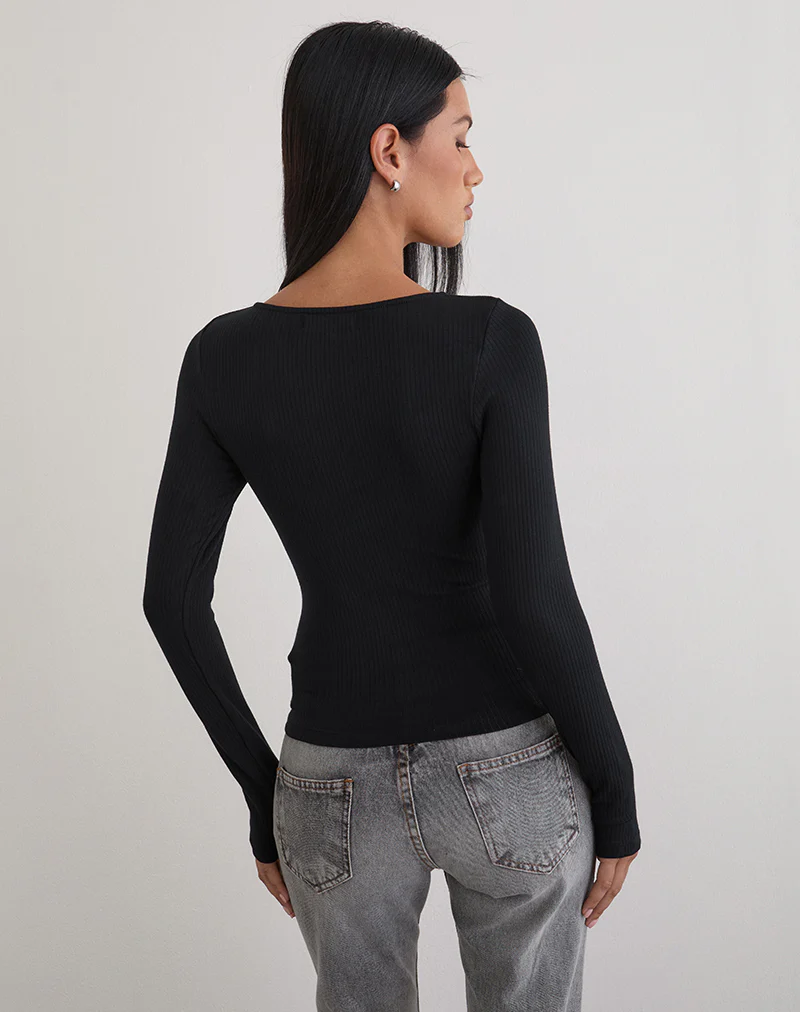 Nique Long Sleeve Top in Thick Rib Black - Image 4