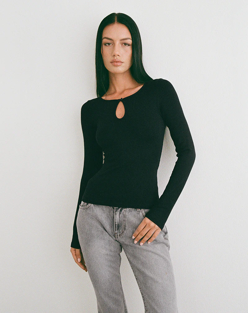 Nique Long Sleeve Top in Thick Rib Black - Image 5