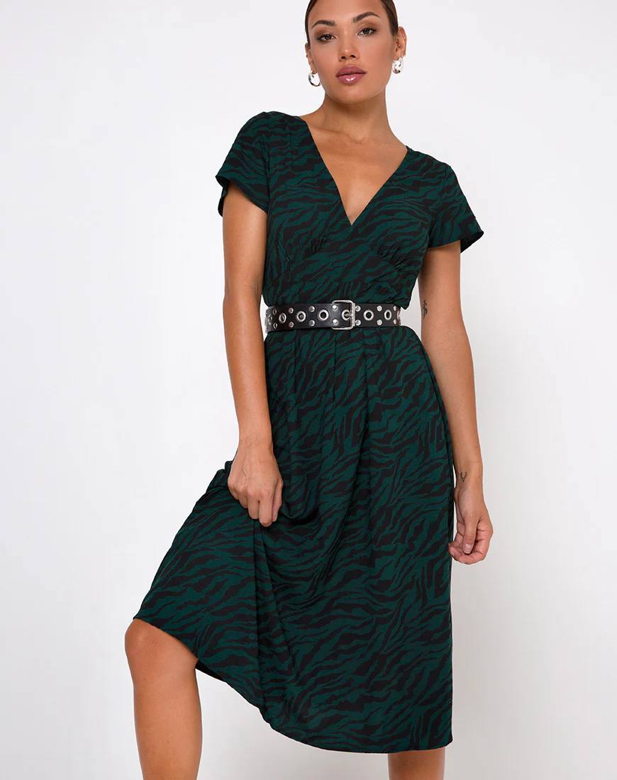Nira Midi Dress in 90's Zebra Forest Green - Image 3