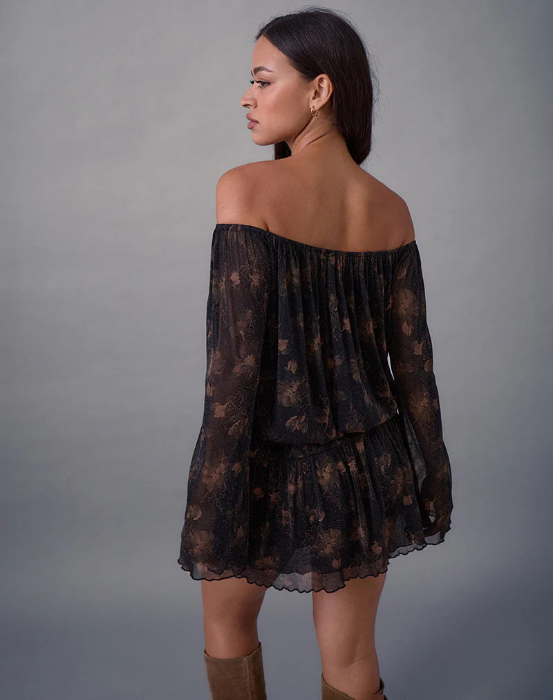 Nisha Long Sleeve Mini Dress in Black with Bronze Shimmer - Image 5