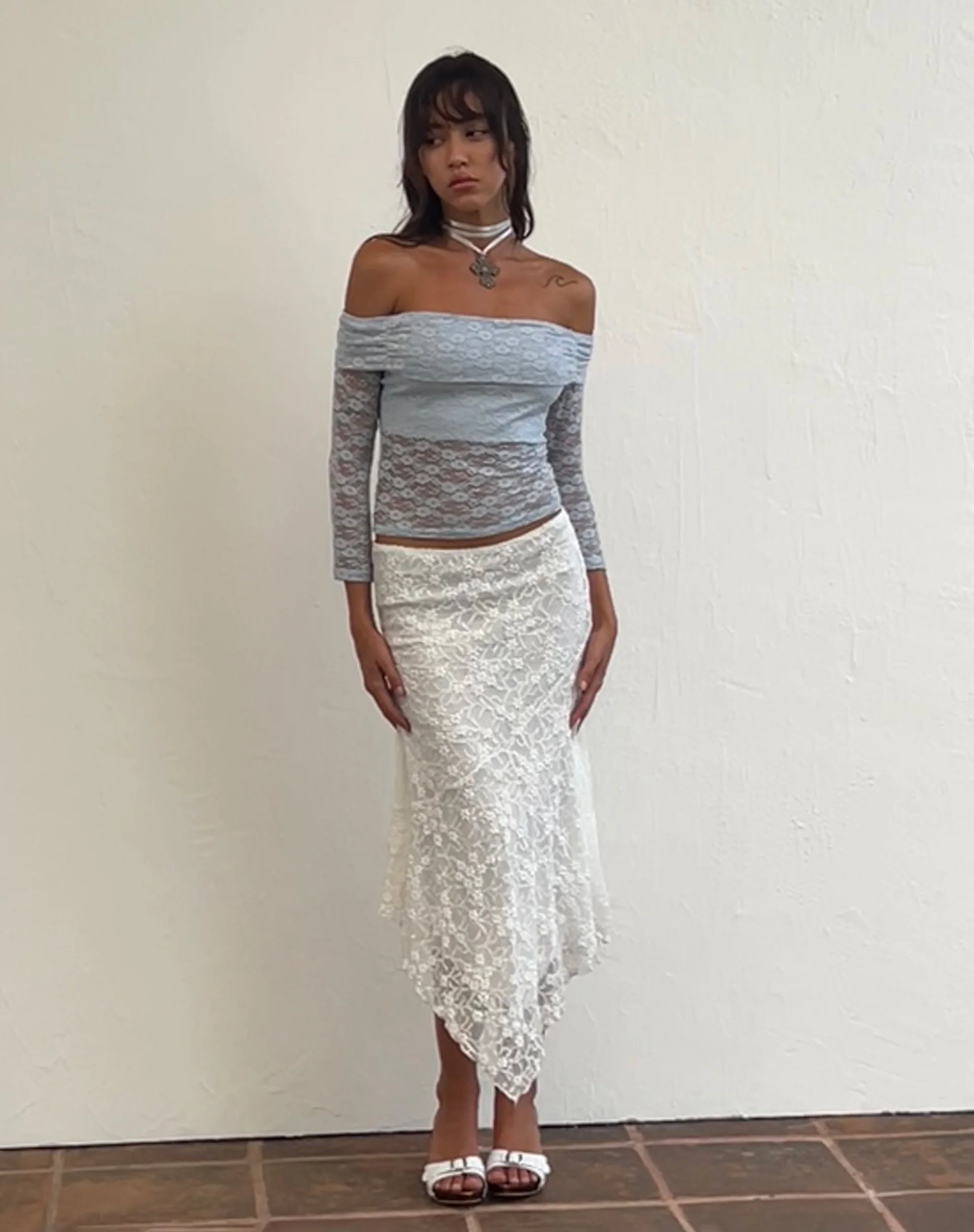 Nixie Long Sleeve Bardot Top in Lace Light Blue - Image 2