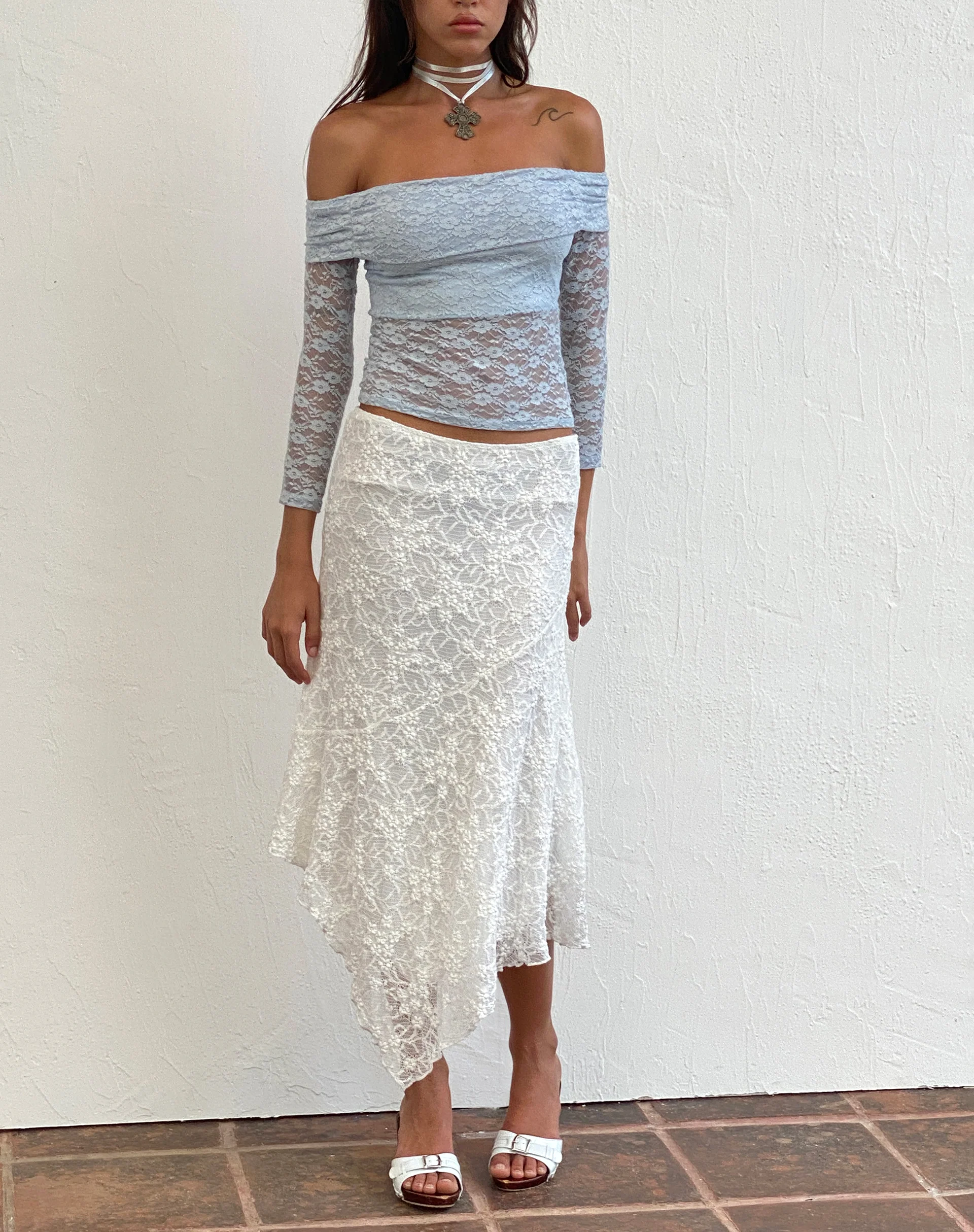 Nixie Long Sleeve Bardot Top in Lace Light Blue - Image 3