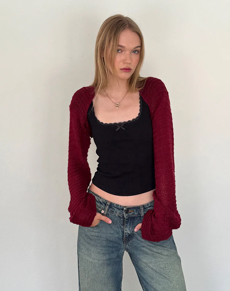 Nobila Knitted Shrug Top in Burgundy - Image 2