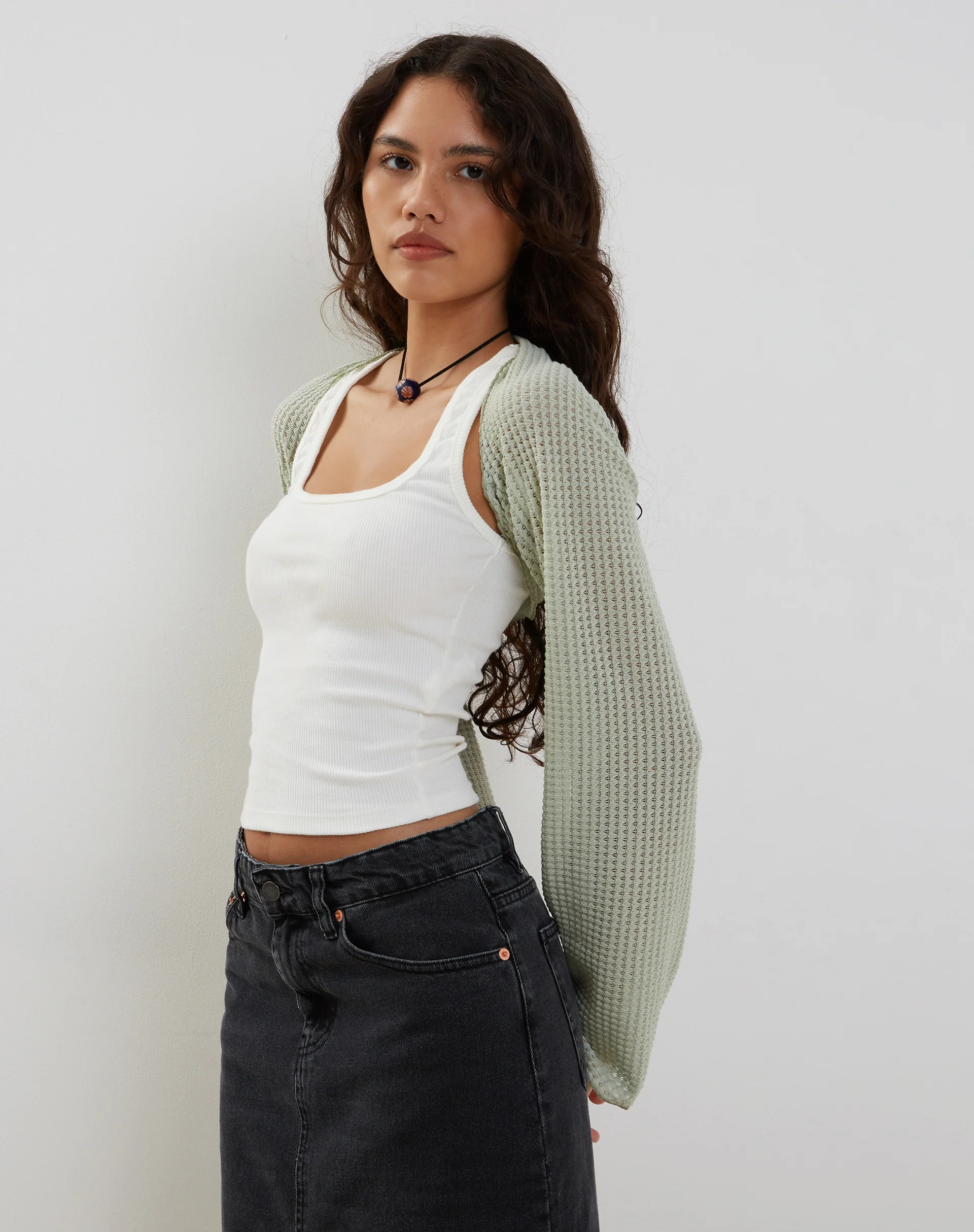 Nobila Shrug Top in Sage Textured Crochet - Image 5