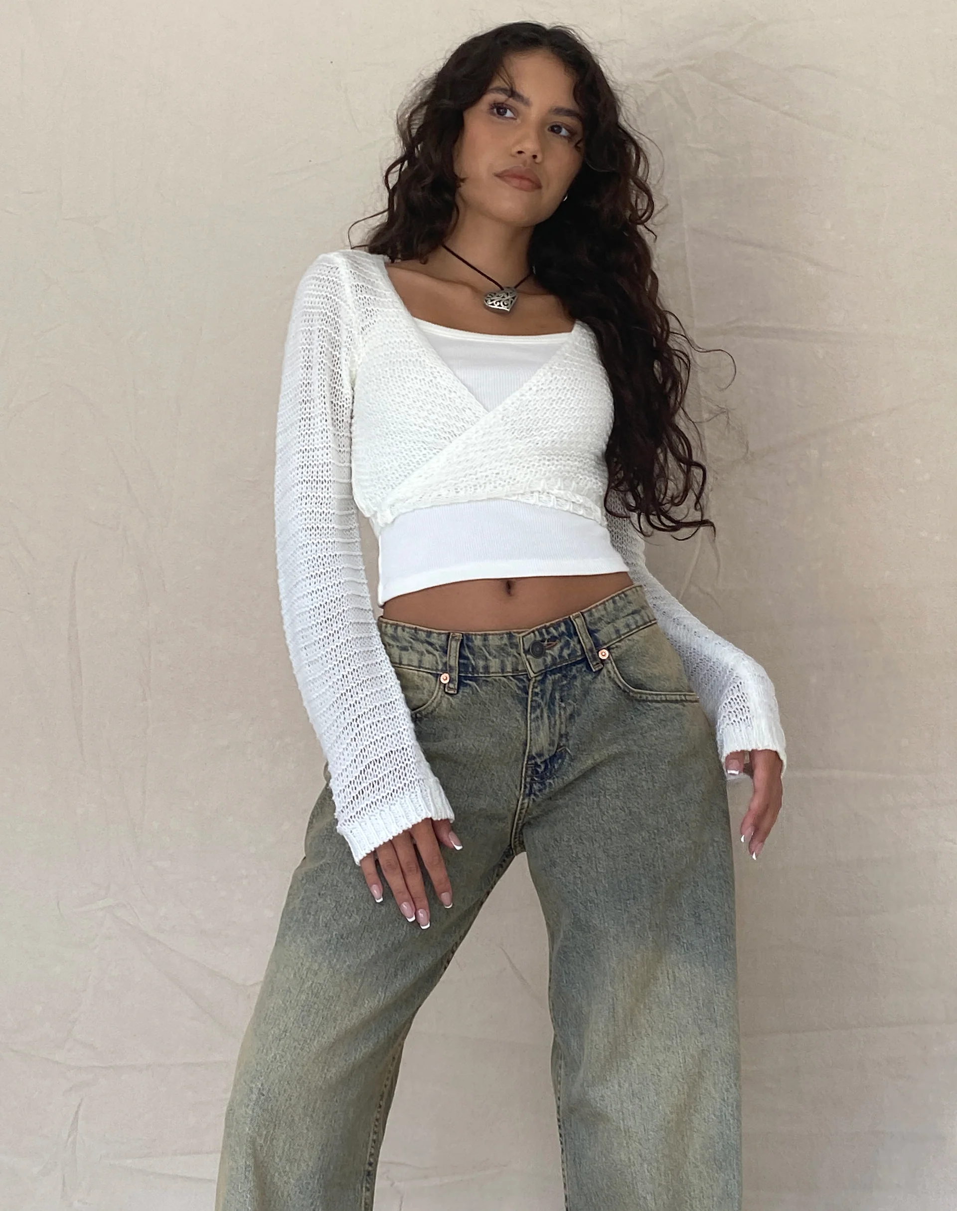 Nocta Long Sleeve Crop Top in Weave Knit Ivory - Image 2