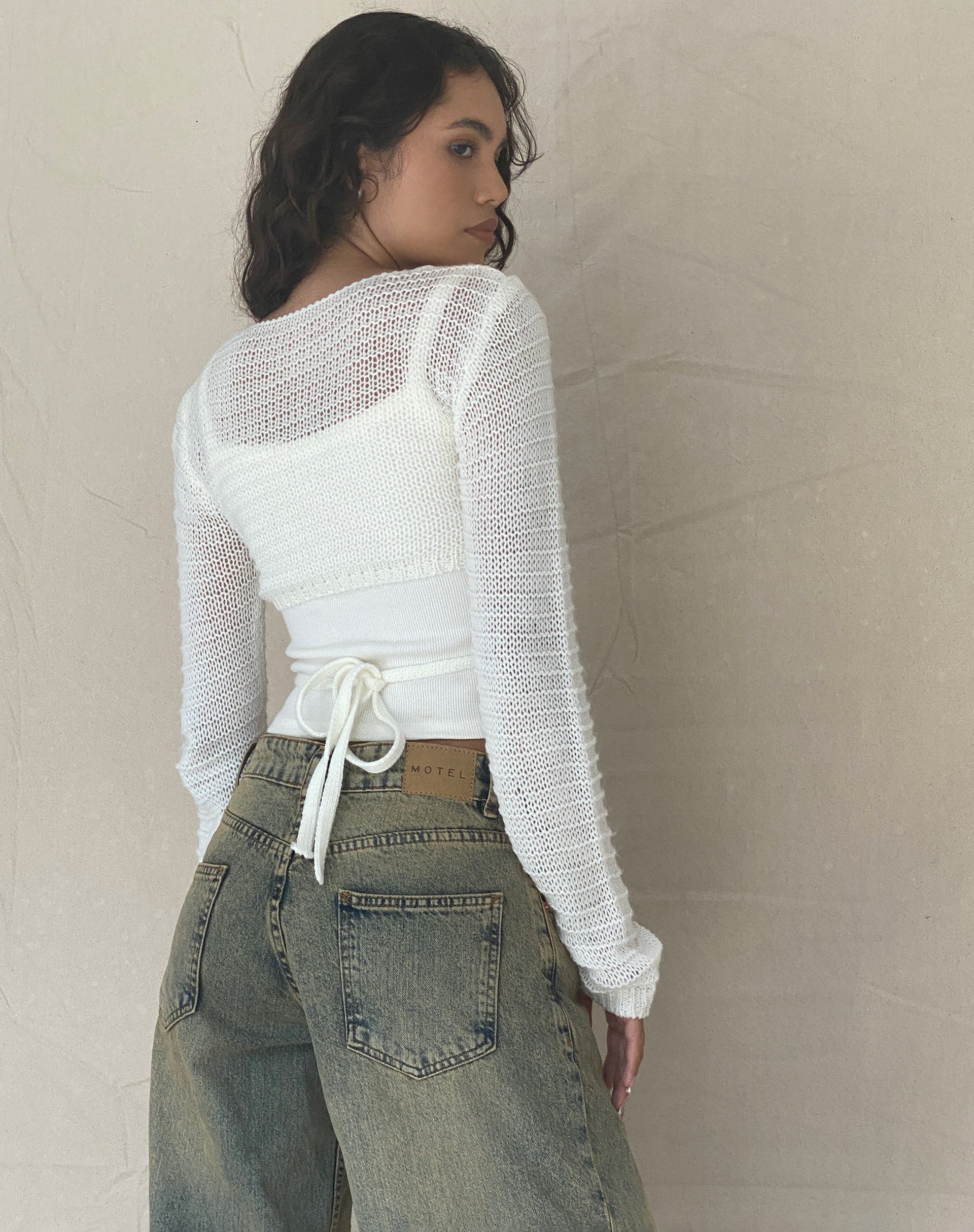 Nocta Long Sleeve Crop Top in Weave Knit Ivory - Image 4