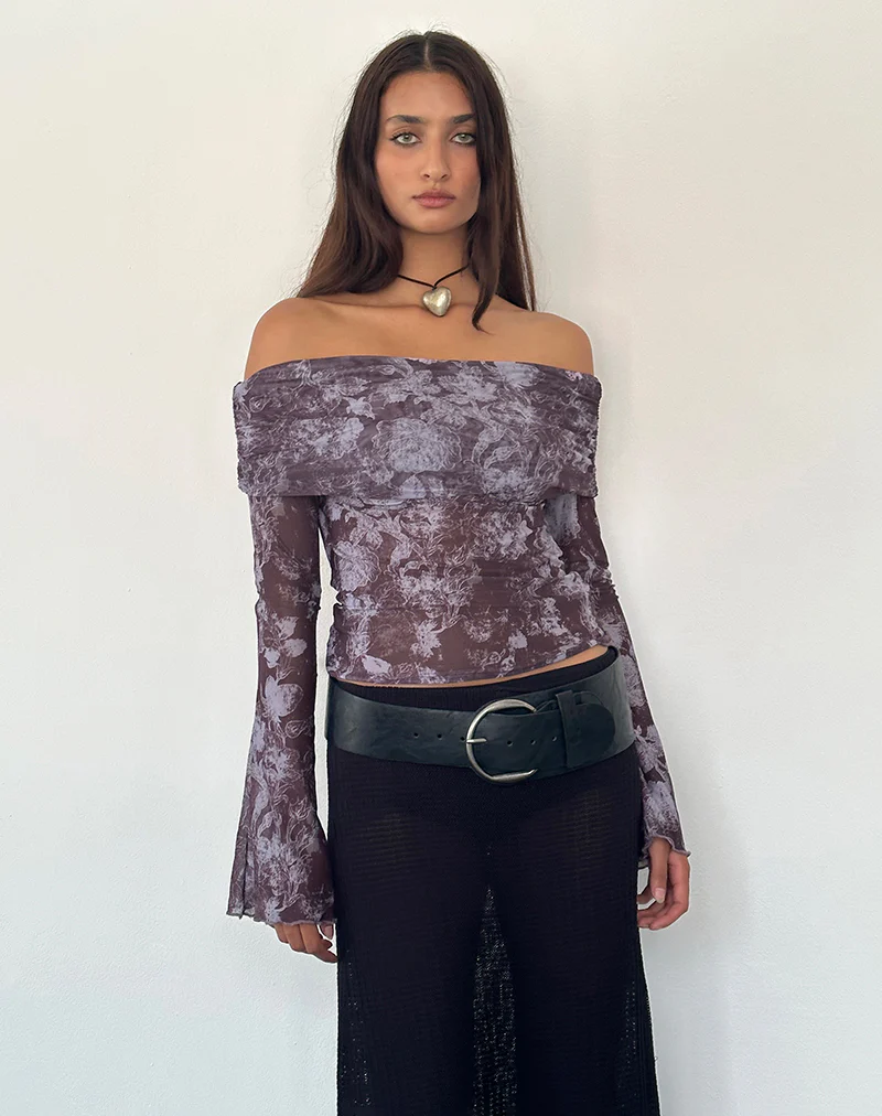 Noelle Bardot Top in Botanic Sketch Purple - Image 2