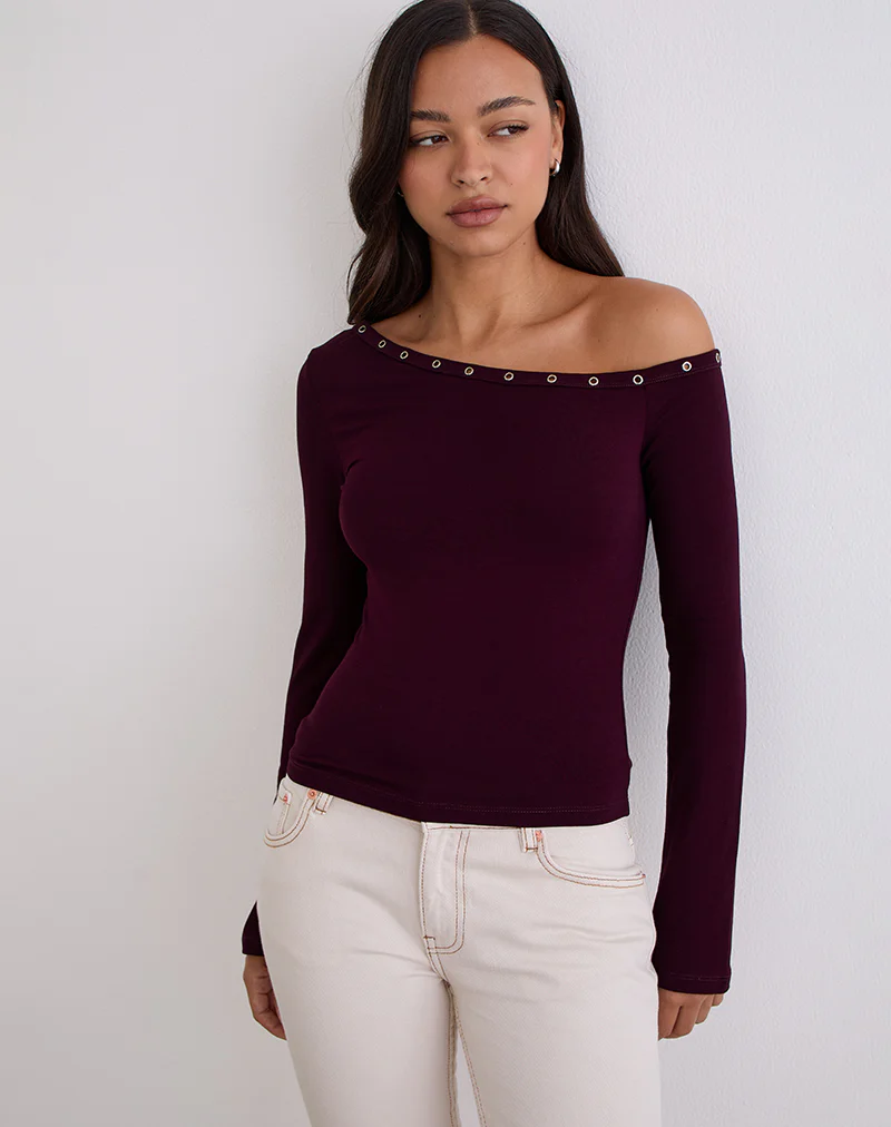 Noraba One Shoulder Top in Red Wood with Eyelets - Image 3