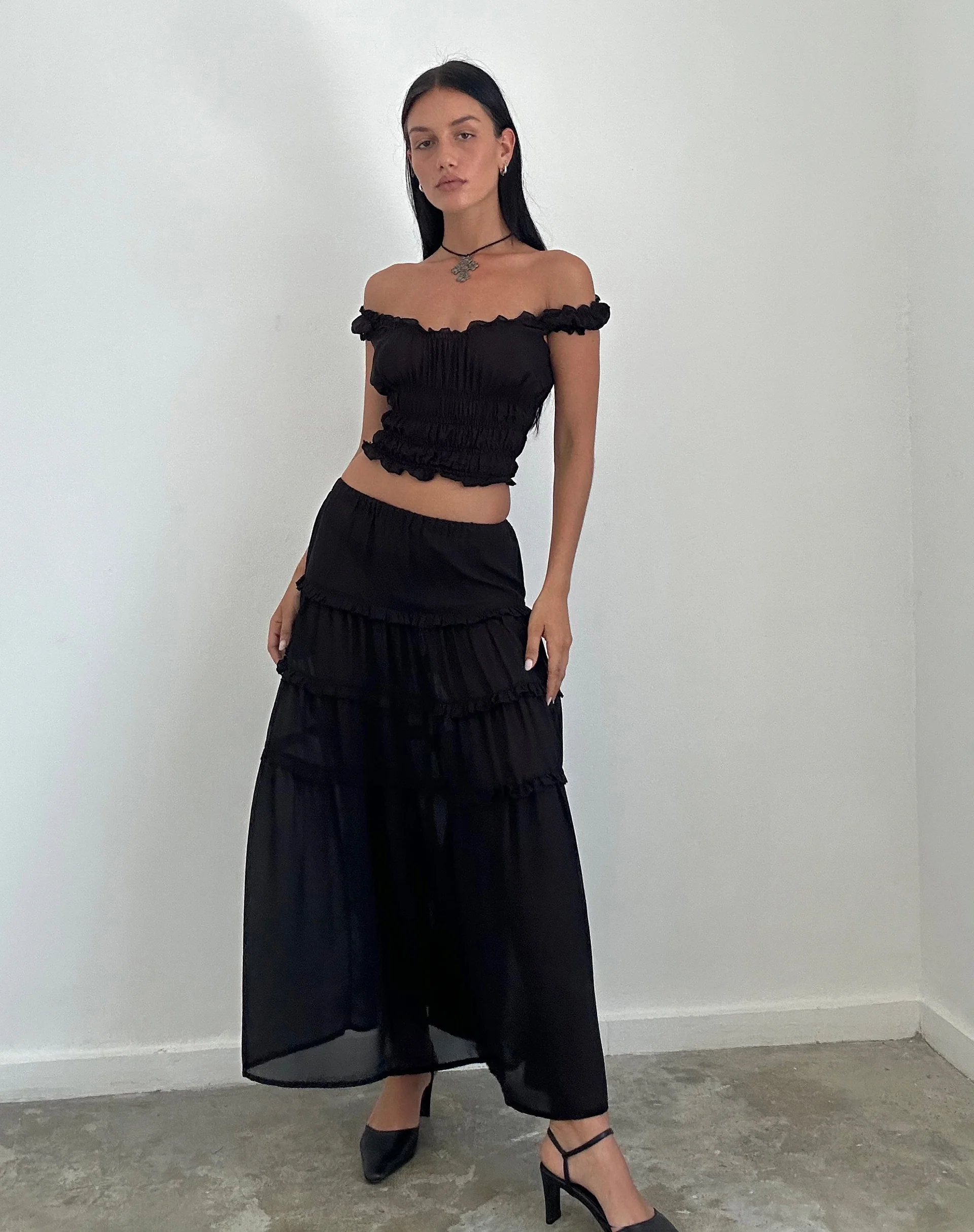 Norah Tiered Maxi Skirt in Black Chiffon - Image 2