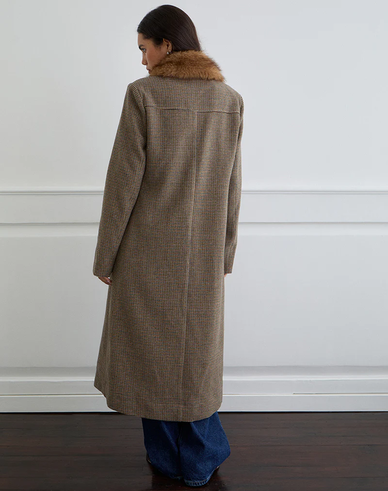 Norciel Longline Coat in Check Brown with Fur Collar - Image 6