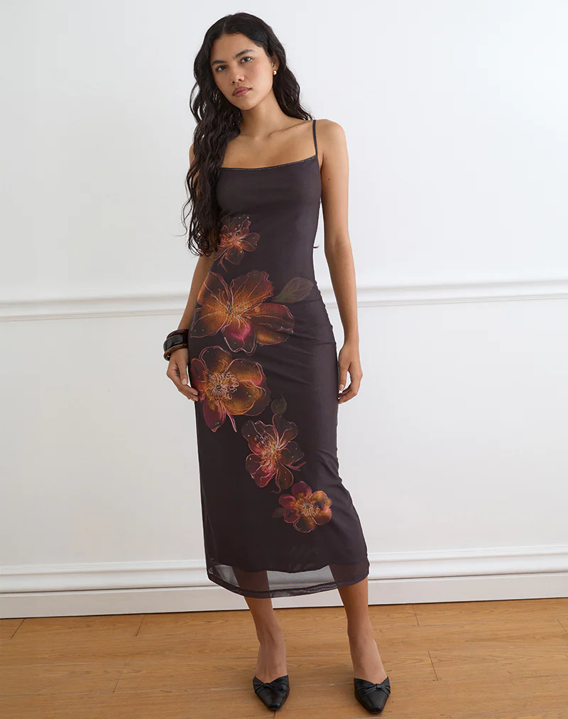Nori Midi Dress in Brown with Orange Vibrant Lotus Print - Image 2