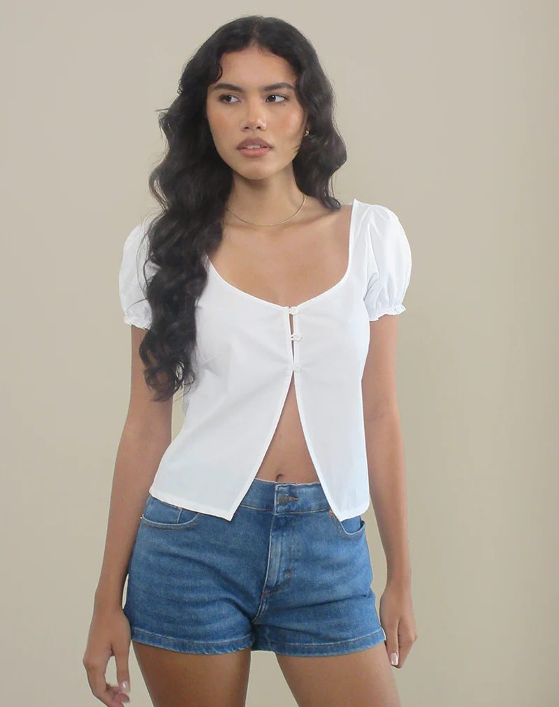 Norya Puff Sleeve Top in Poplin White - Image 3