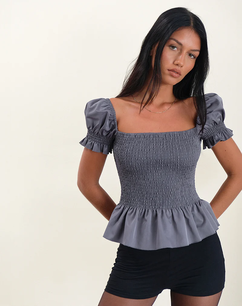 Notina Puff Sleeve Top in Shirred Grey - Image 2