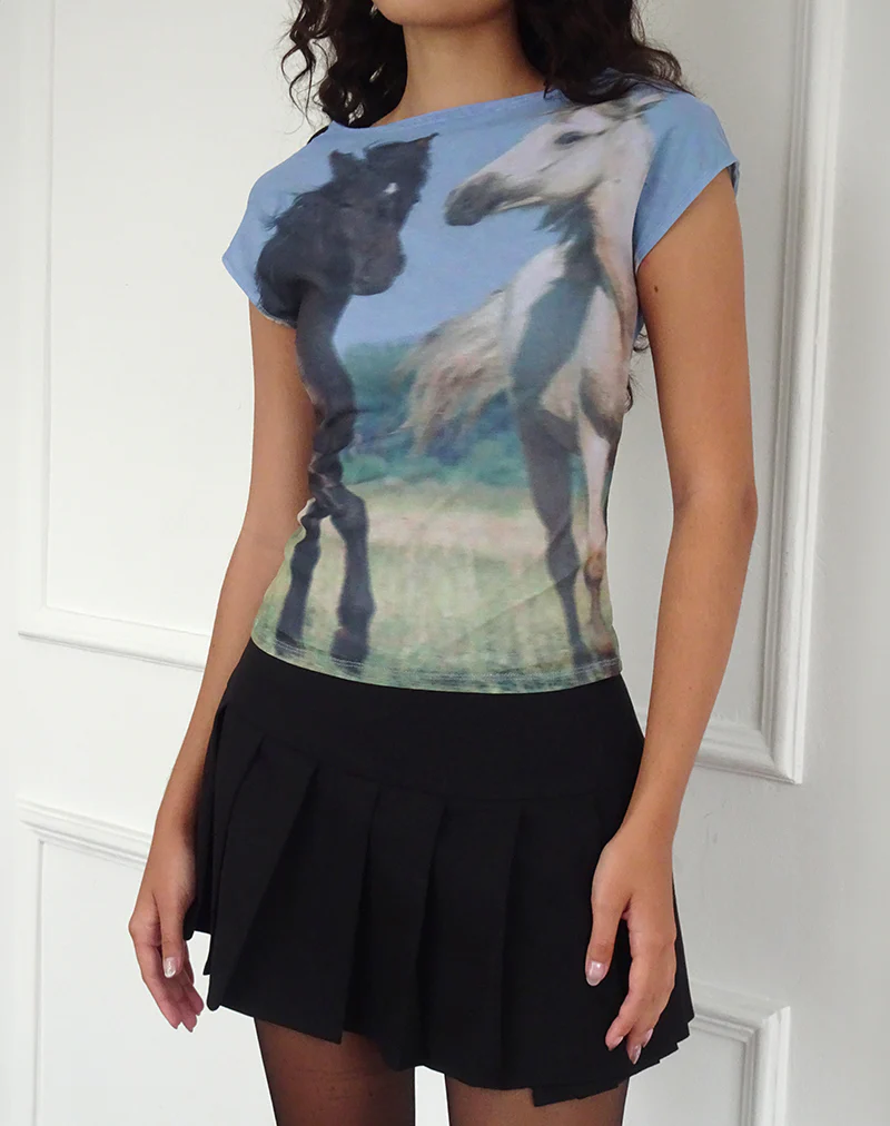 Nova Top in Blue Mesh Horses Print - Image 2