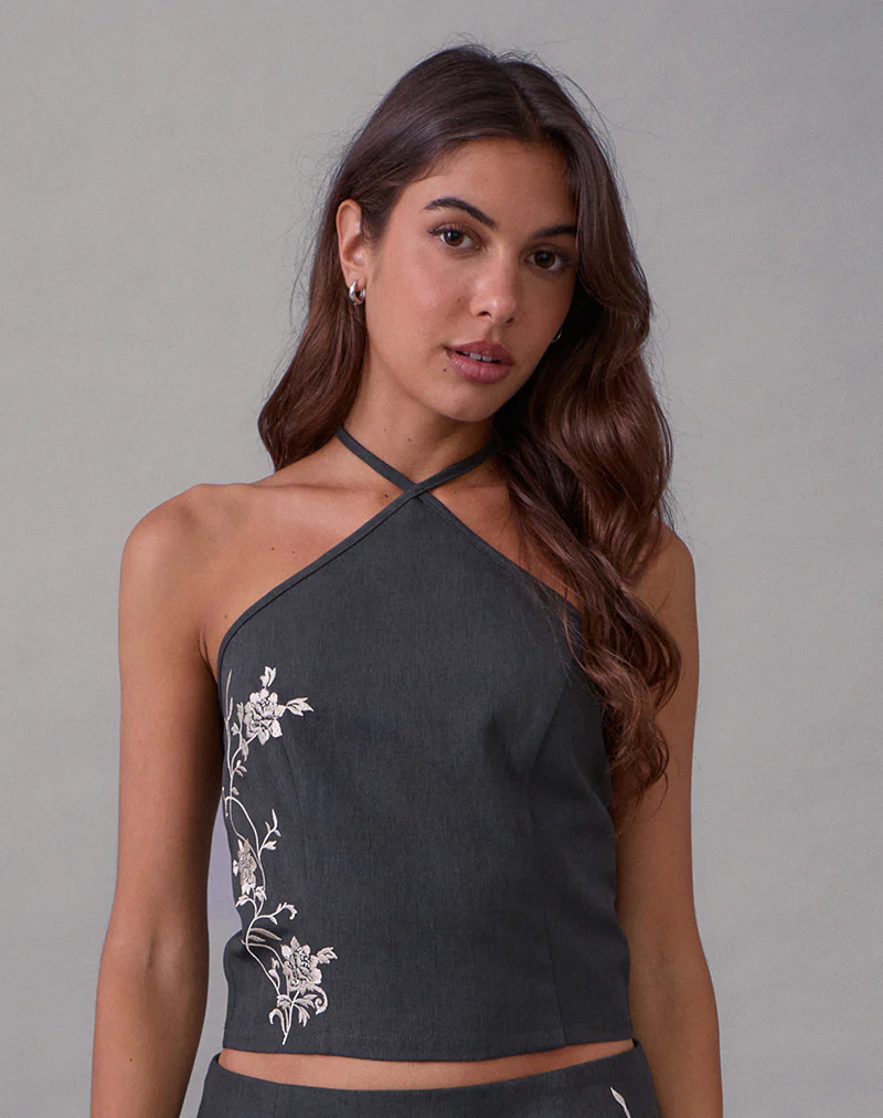 Novin Top in Vine Flower Embroidered Dark Charcoal - Image 3