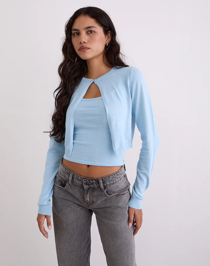Nuha Ribbed Cropped Cardigan in Blue - Image 3