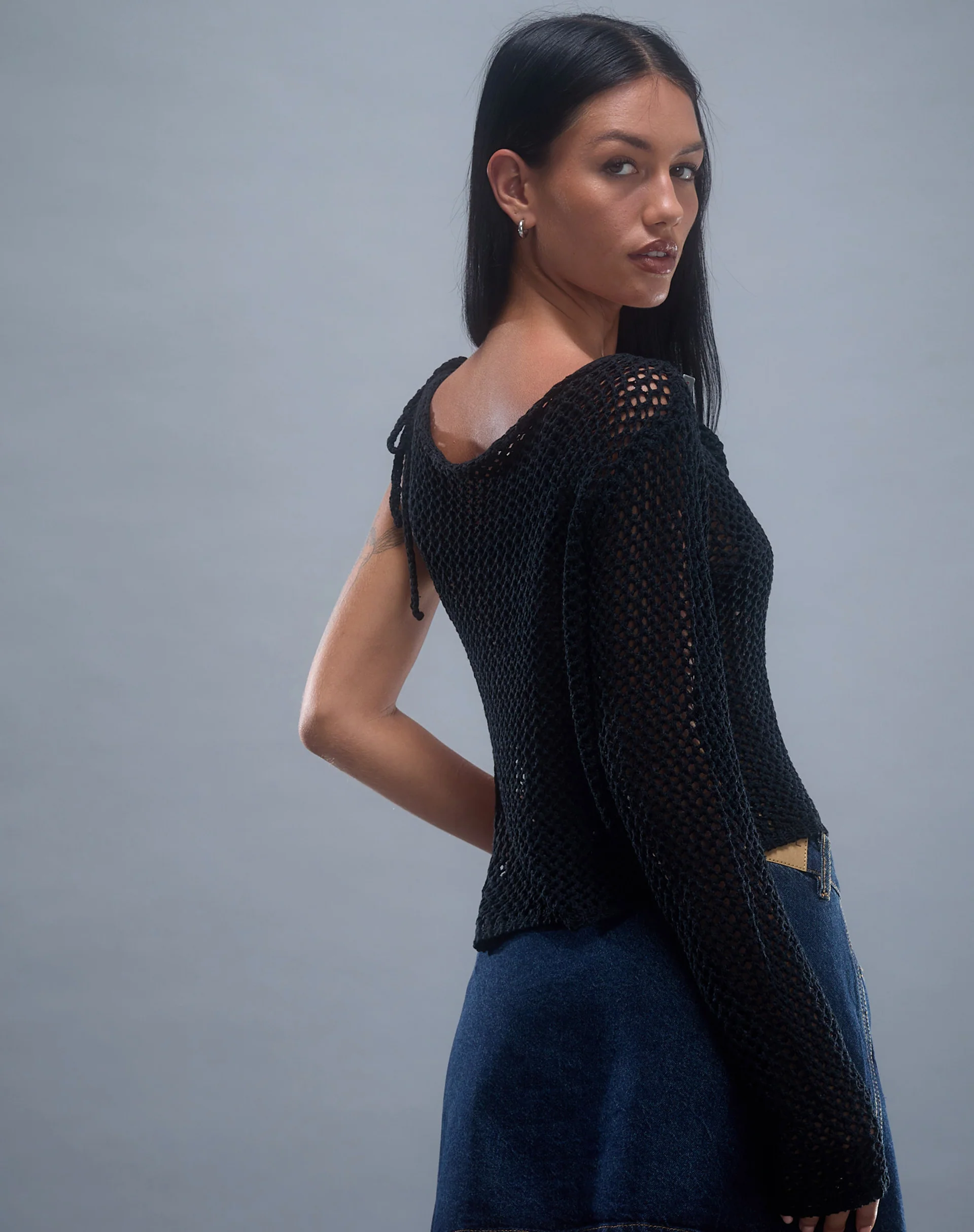 Nung Open Knit Asymmetric Top in Black - Image 5