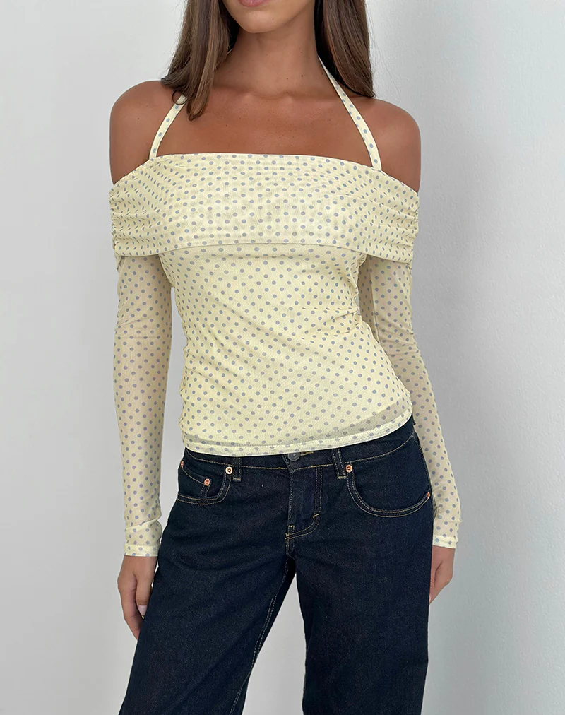 Nunik Halterneck Top in Yellow with Compact Grey Polka - Image 2