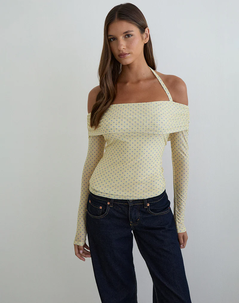 Nunik Halterneck Top in Yellow with Compact Grey Polka - Image 4