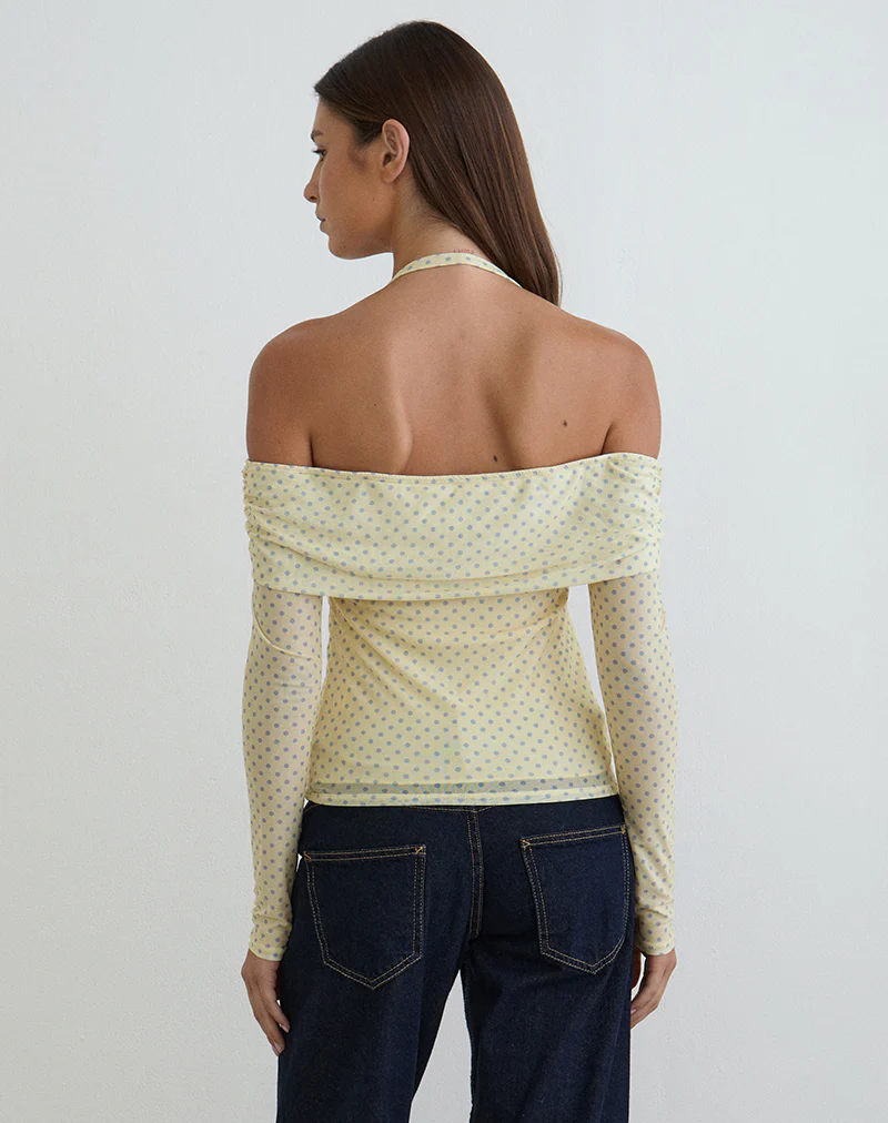 Nunik Halterneck Top in Yellow with Compact Grey Polka - Image 5