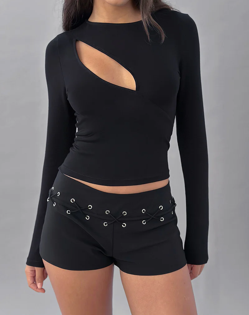 Nyla Long Sleeve Slash Cut Out Top in Black - Image 4