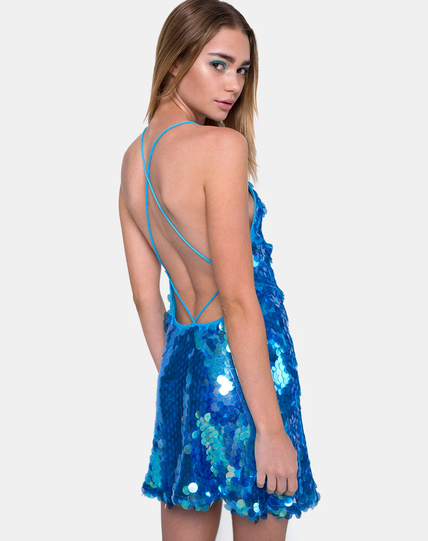 Nylah Mini Dress in Fishcale Disc Marine Sequin - Image 2