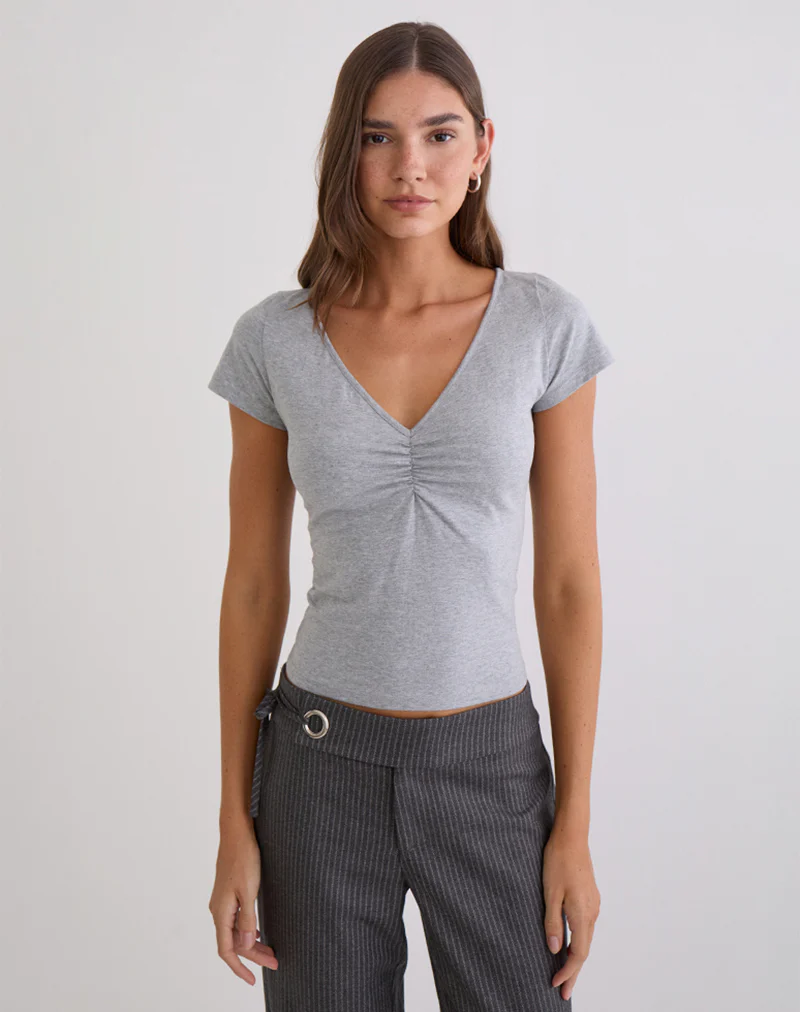 Obanai Short Sleeve V Neck Top in Grey Marl - Image 2