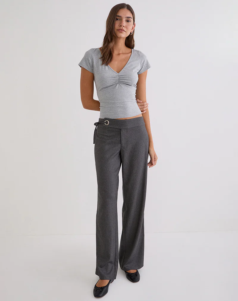 Obanai Short Sleeve V Neck Top in Grey Marl - Image 3