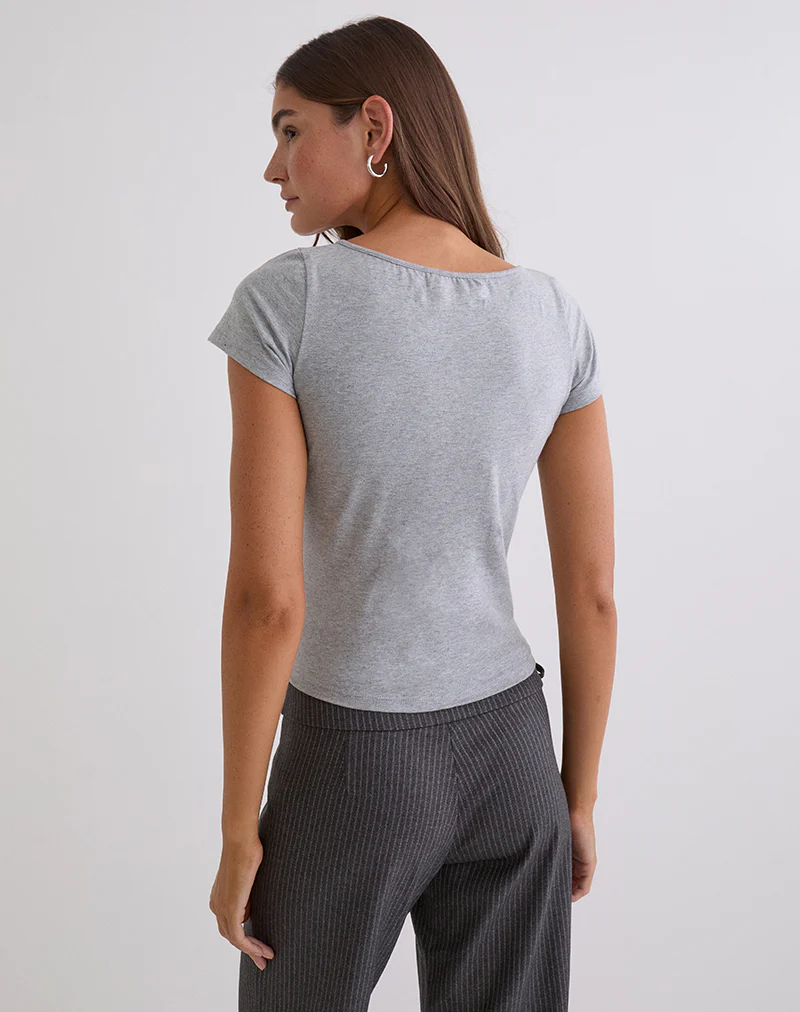 Obanai Short Sleeve V Neck Top in Grey Marl - Image 4