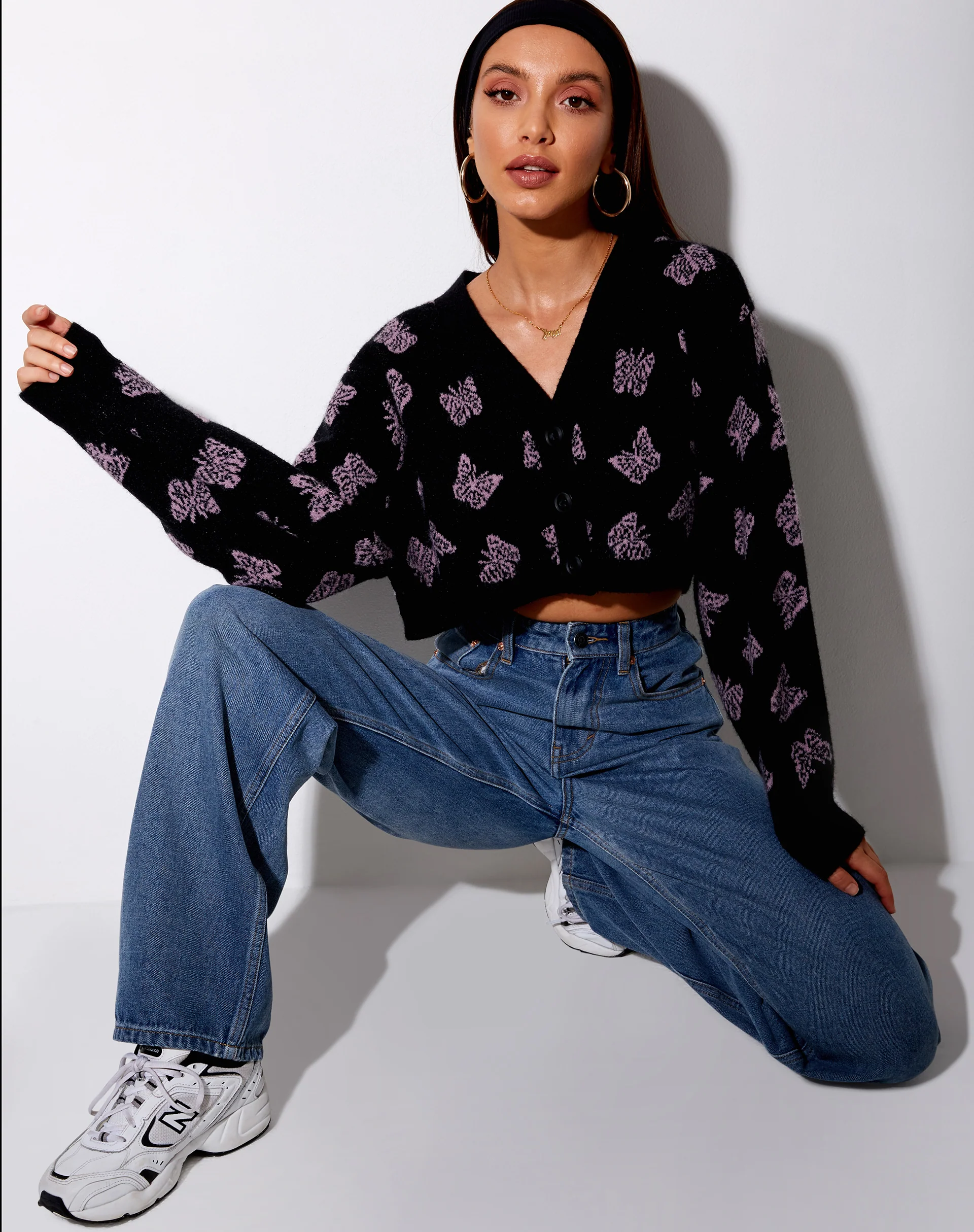 Olina Cropped Cardigan in Black and Purple Butterfly - Image 3