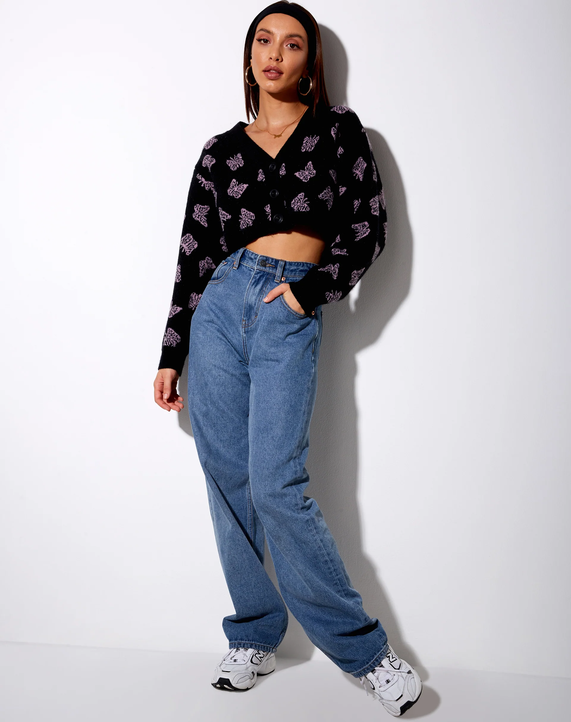 Olina Cropped Cardigan in Black and Purple Butterfly - Image 5
