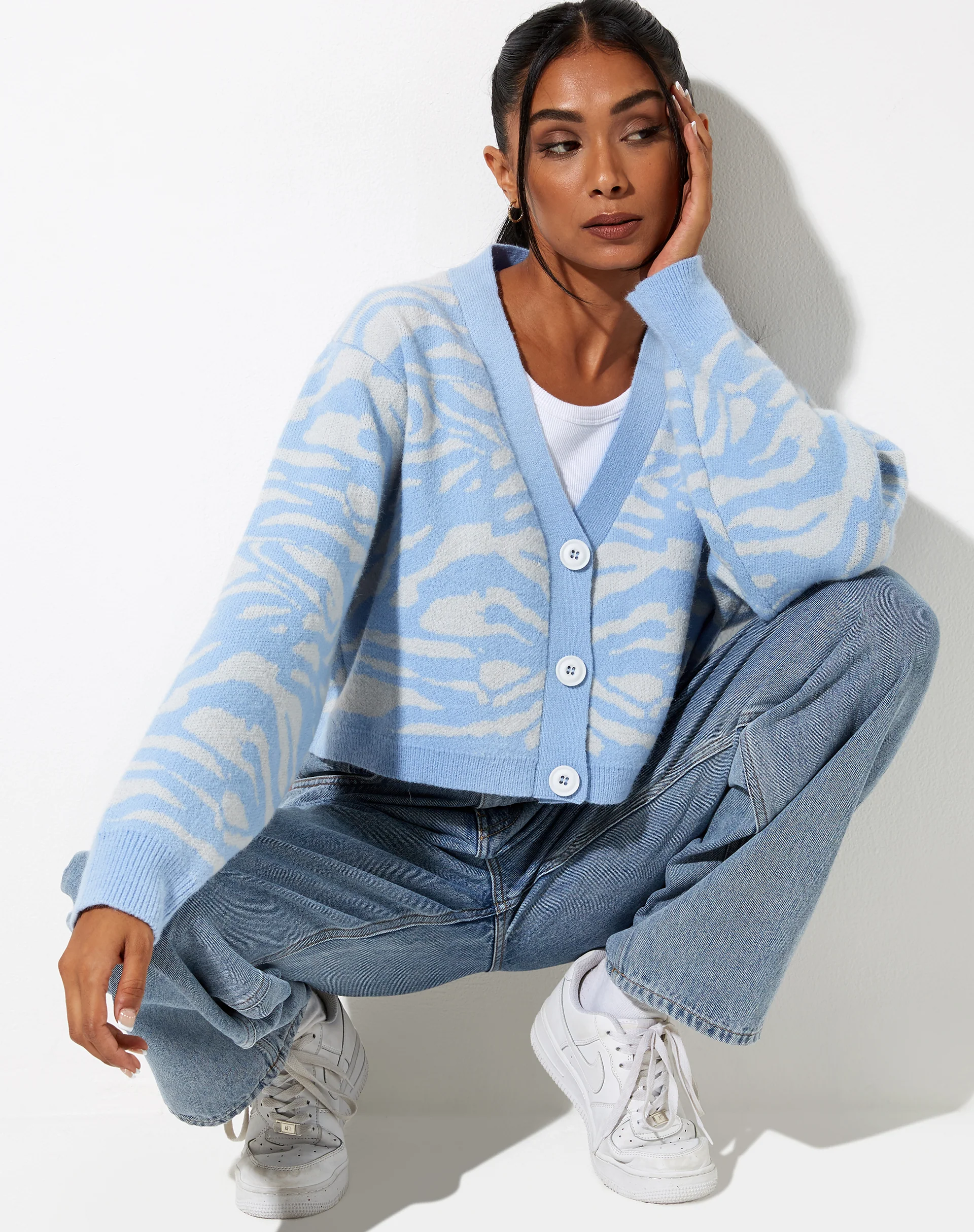 Olina Cropped Cardi in Zebra Blue Grey - Image 3