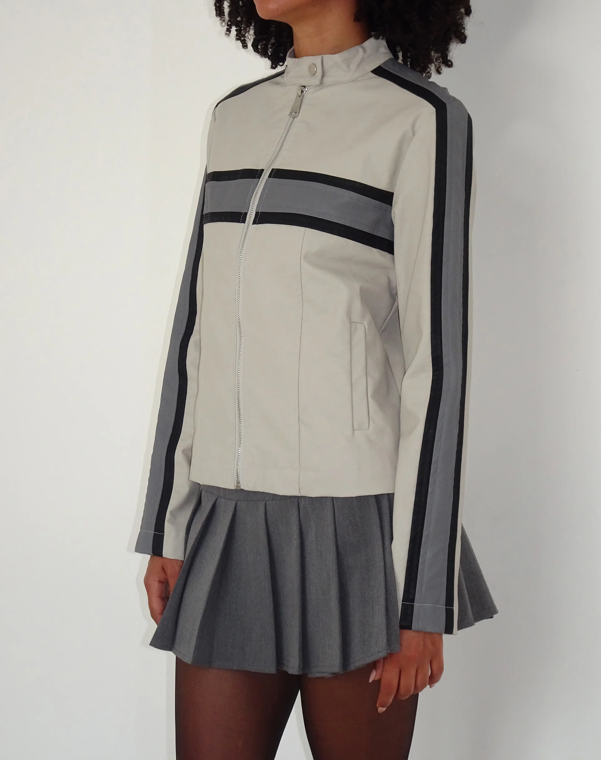 MOTEL X JACQUIE Oliver Zip Up Jacket in Grey PU with Dark Grey Stripe - Image 2