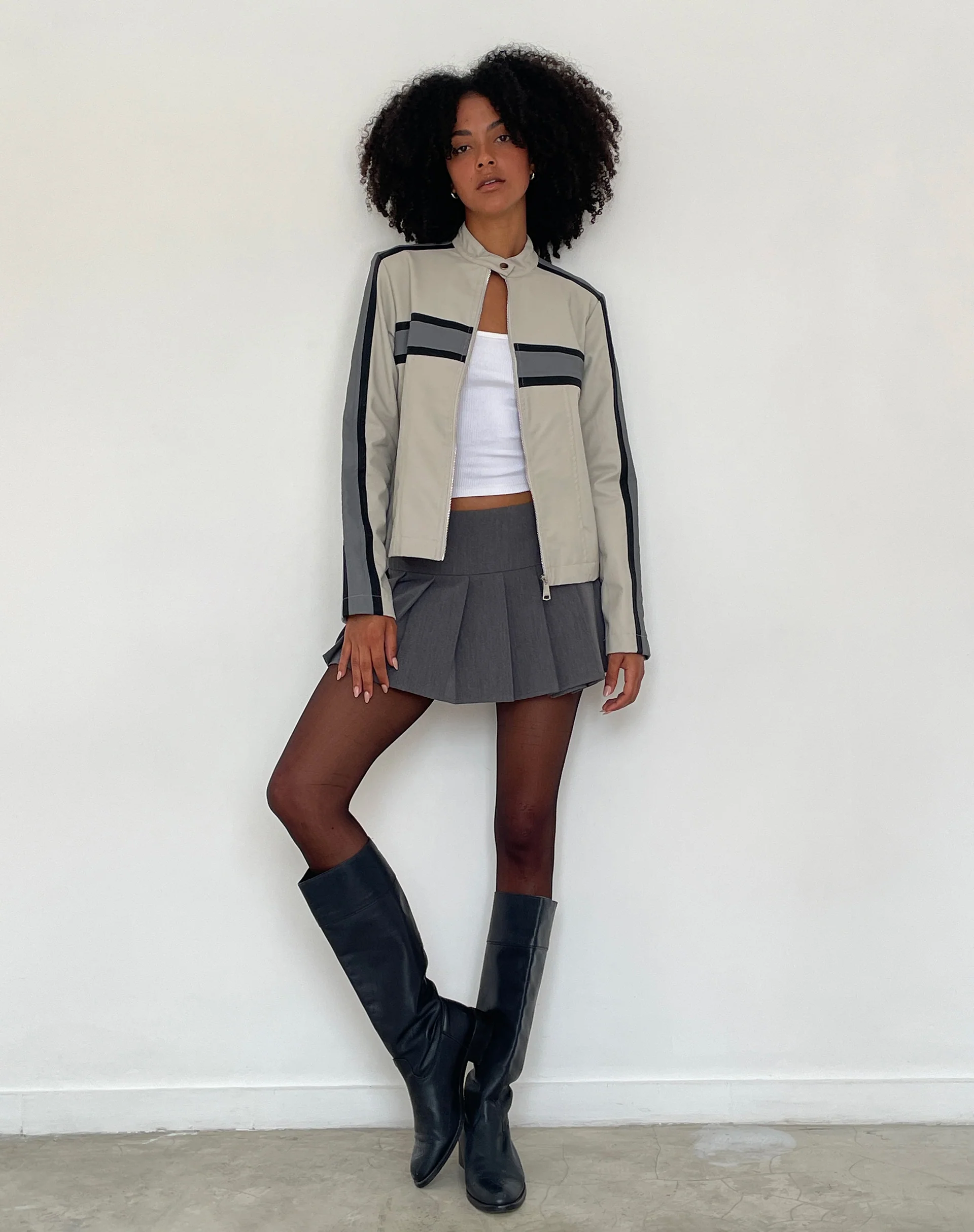 MOTEL X JACQUIE Oliver Zip Up Jacket in Grey PU with Dark Grey Stripe - Image 3