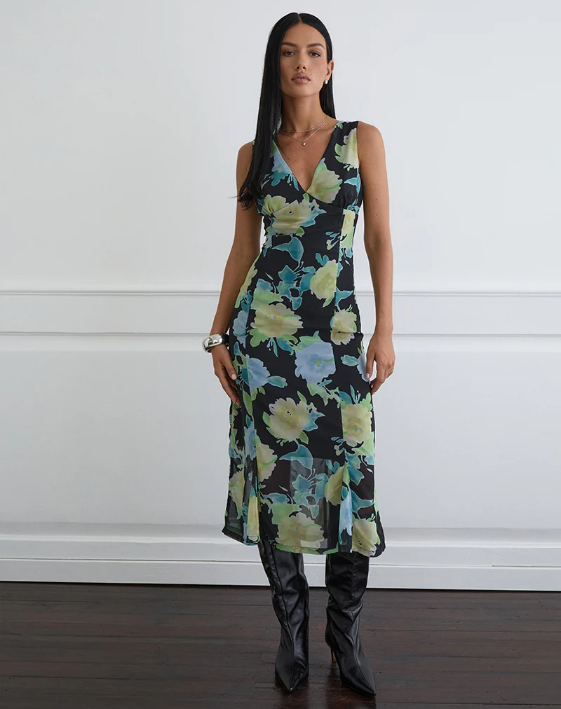 Olydia Midi Dress in Black Chiffon with Crystal Flower Print - Image 3