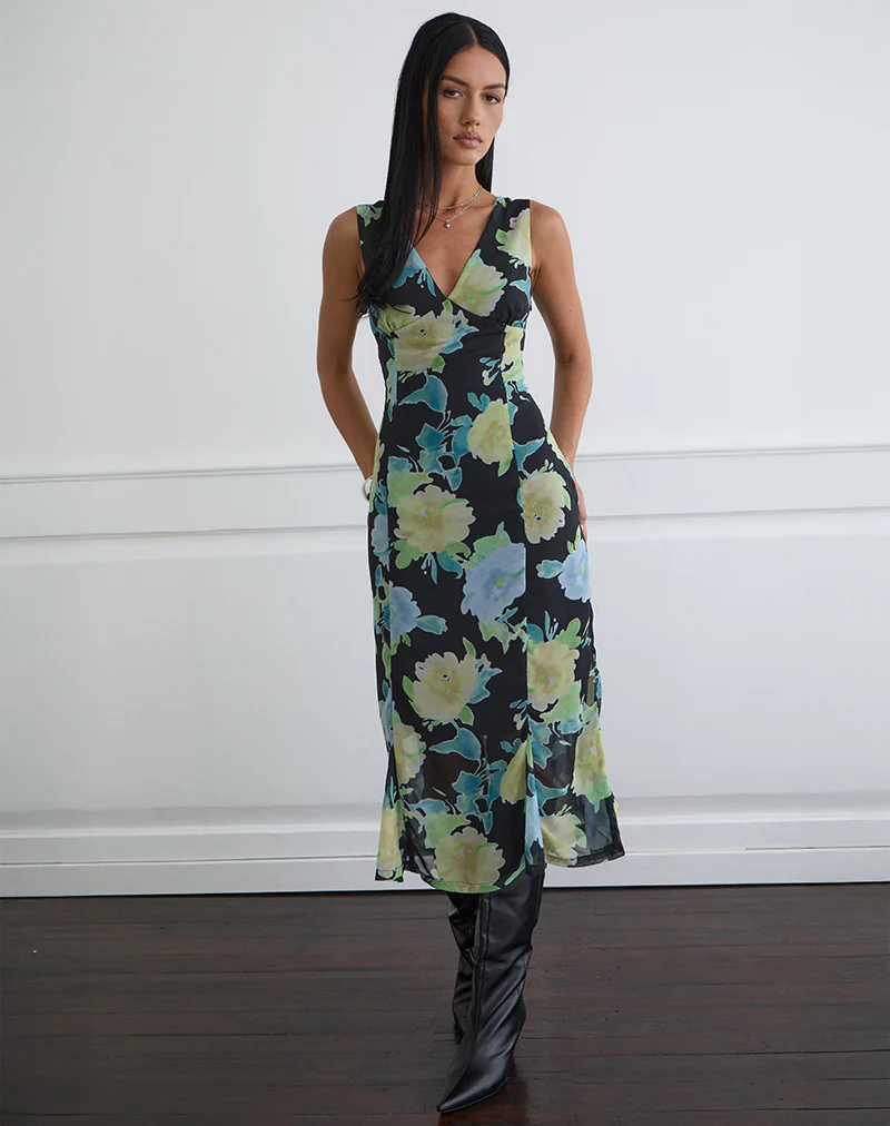 Olydia Midi Dress in Black Chiffon with Crystal Flower Print - Image 5