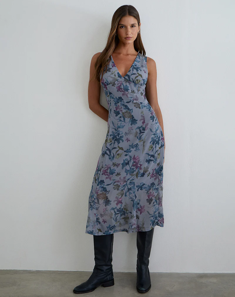 Olydia Midi Dress in Chiffon Shadow Lily Blue - Image 2