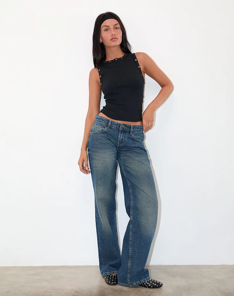 Omari Eyelet Tank Top in Rib Black - Image 2