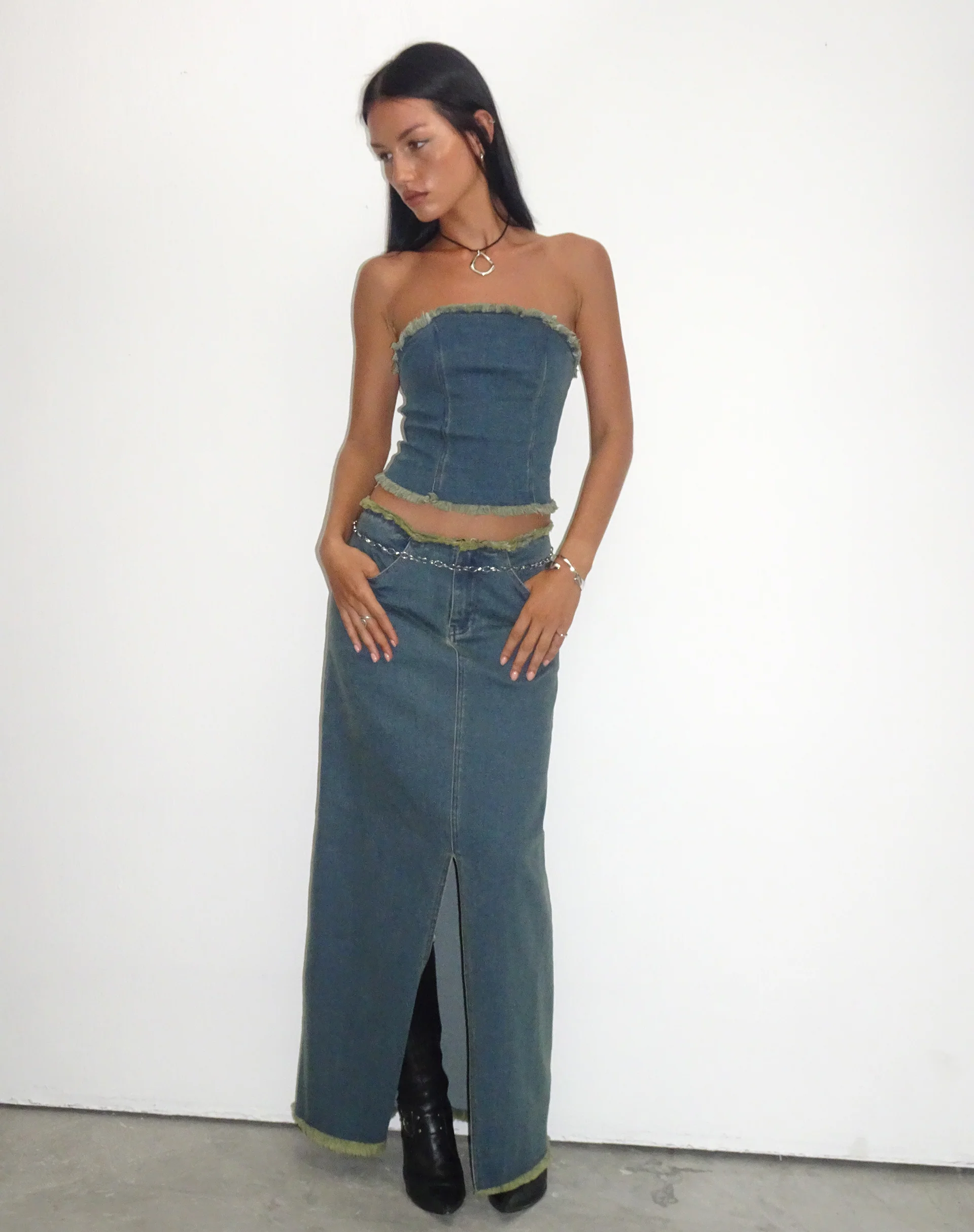 Omas Denim Bandeau Top in Brown Blue Acid Wash - Image 2