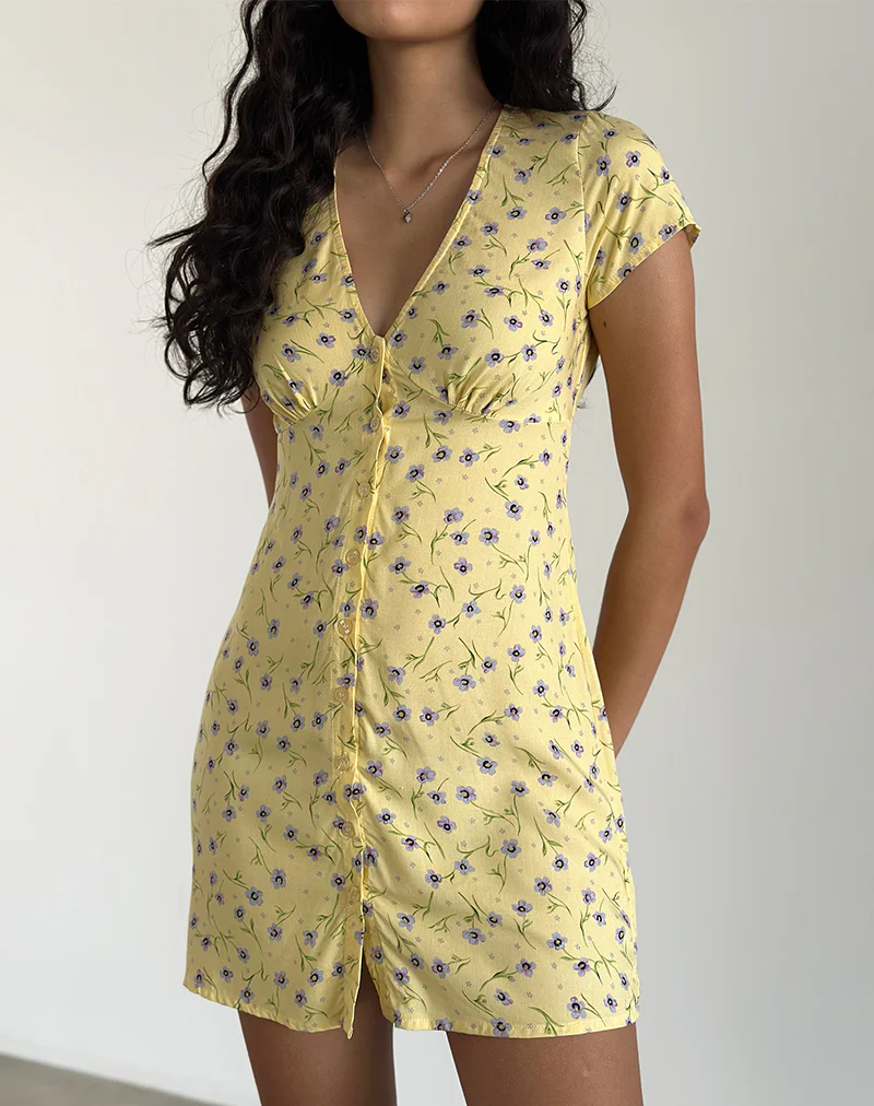 Omoni Mini Dress in Wild Flower Lemon Drop - Image 3
