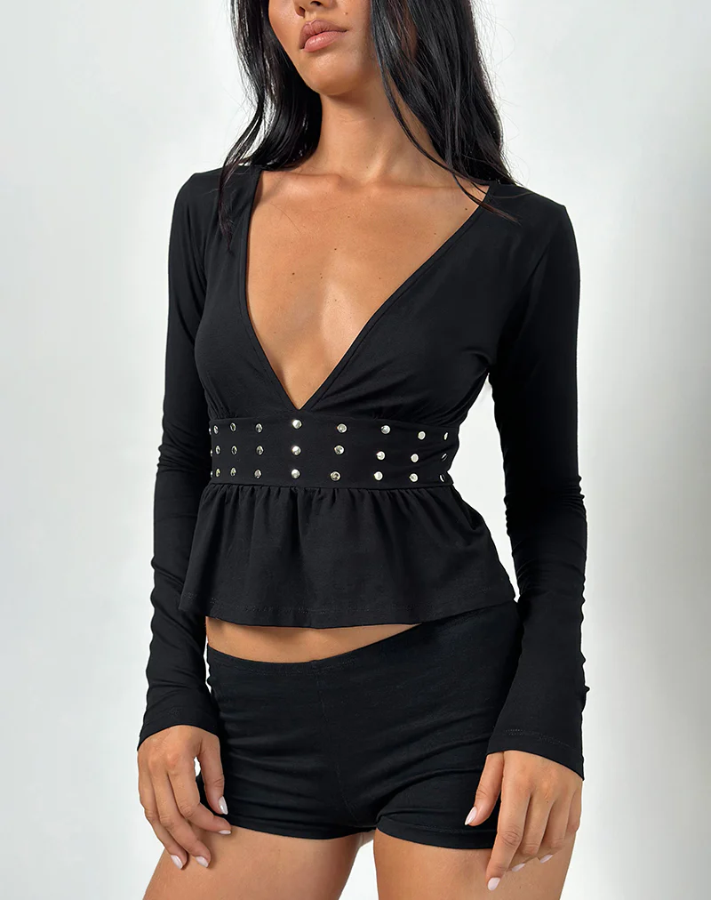 Ophay Top in Jersey Black with Studs - Image 2