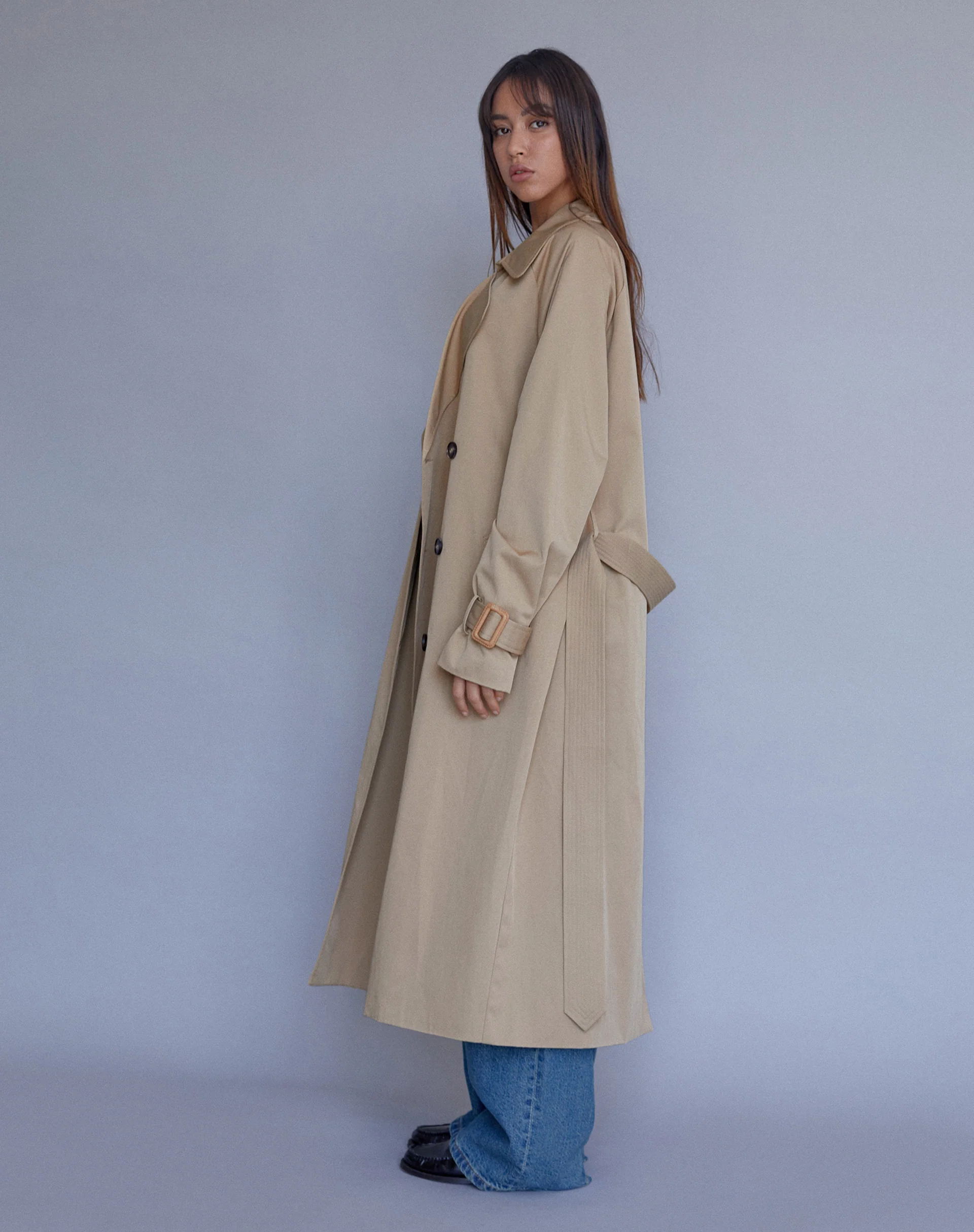 Orcati Double Breasted Trench Coat in Tan - Image 2