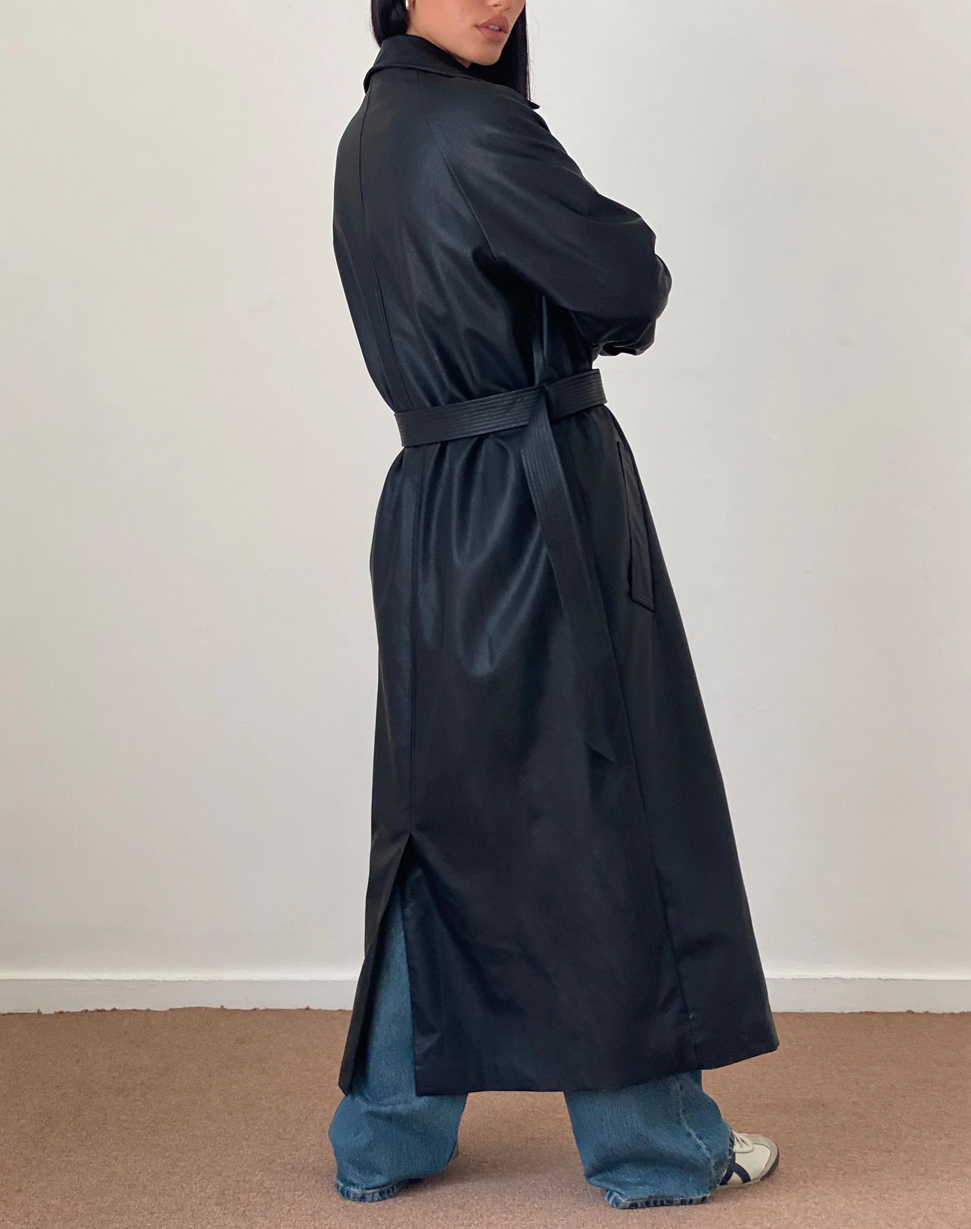 Orcati Double Breasted Trench Coat in Black PU - Image 2