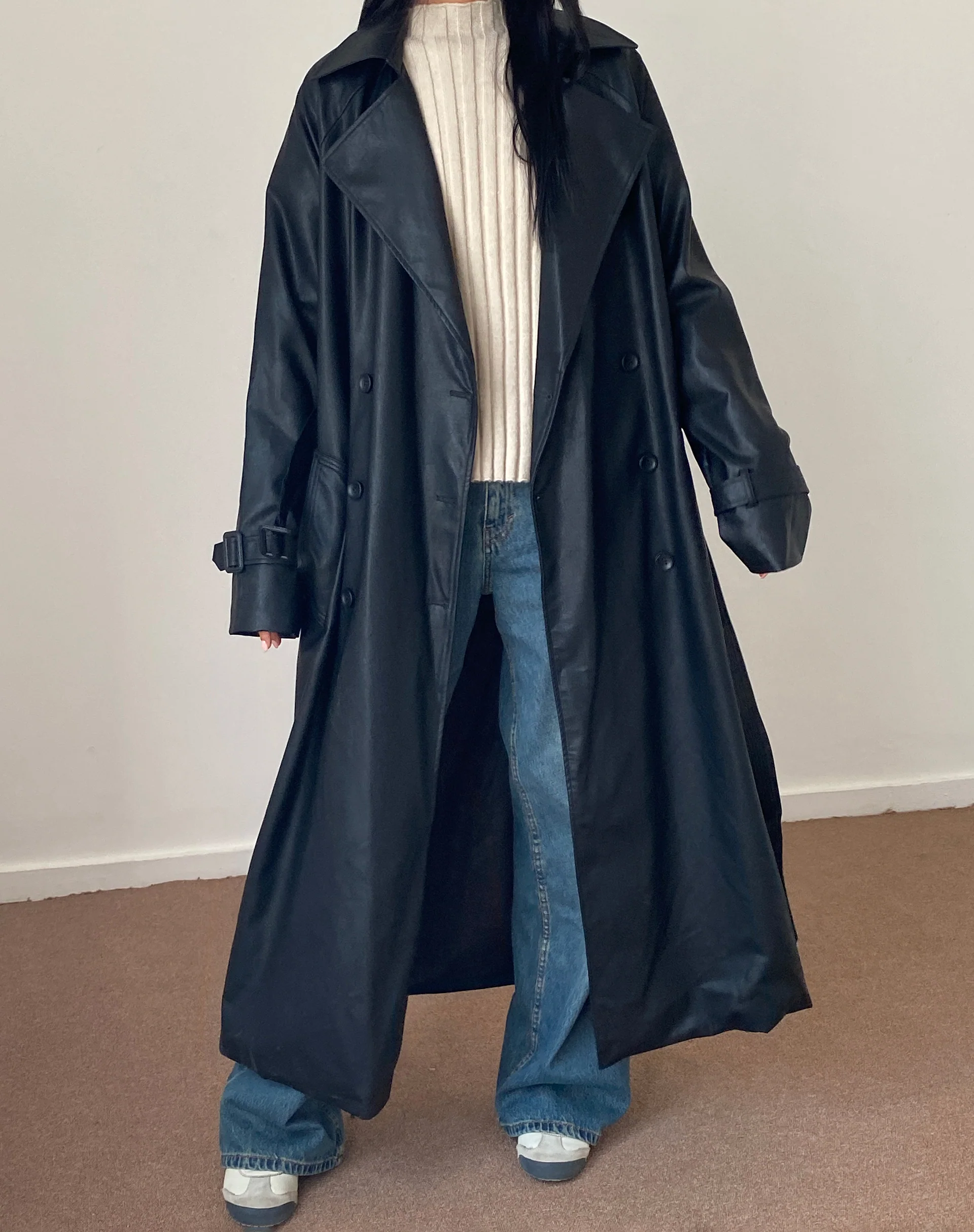 Orcati Double Breasted Trench Coat in Black PU - Image 3