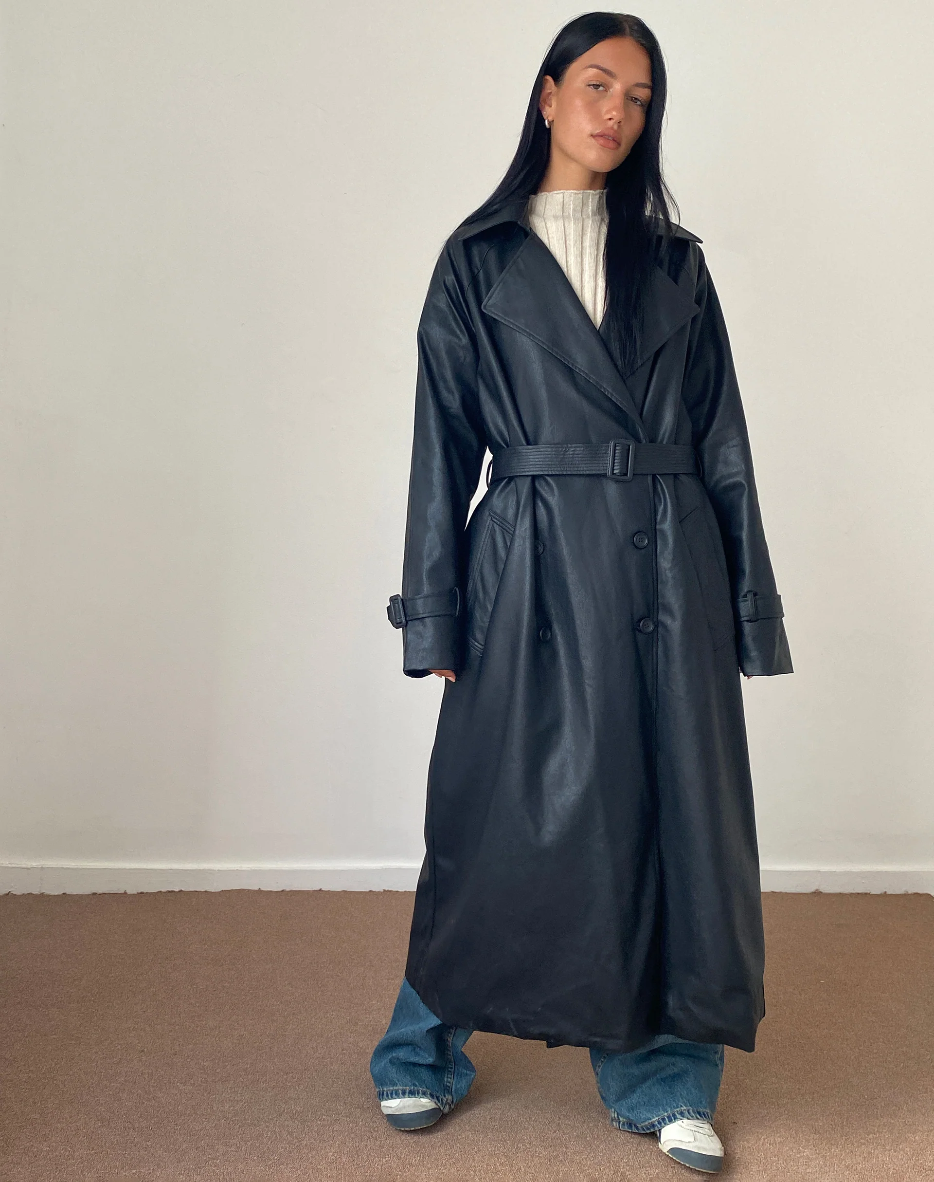 Orcati Double Breasted Trench Coat in Black PU - Image 4