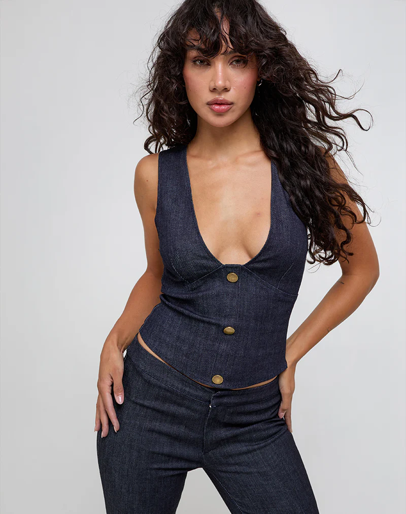 Oria Vest Top in Dark Denim Indigo - Image 5