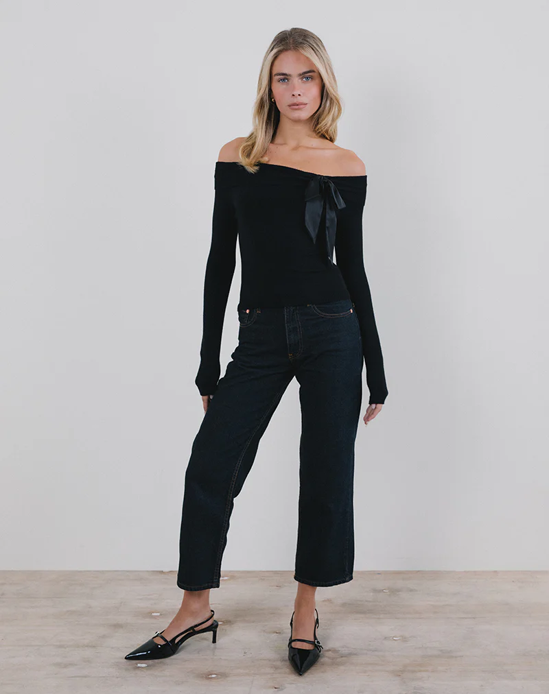 Orianne Bardot Top in Knit Black with Satin Bow - Image 2