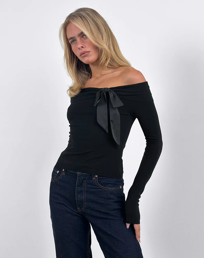 Orianne Bardot Top in Knit Black with Satin Bow - Image 5