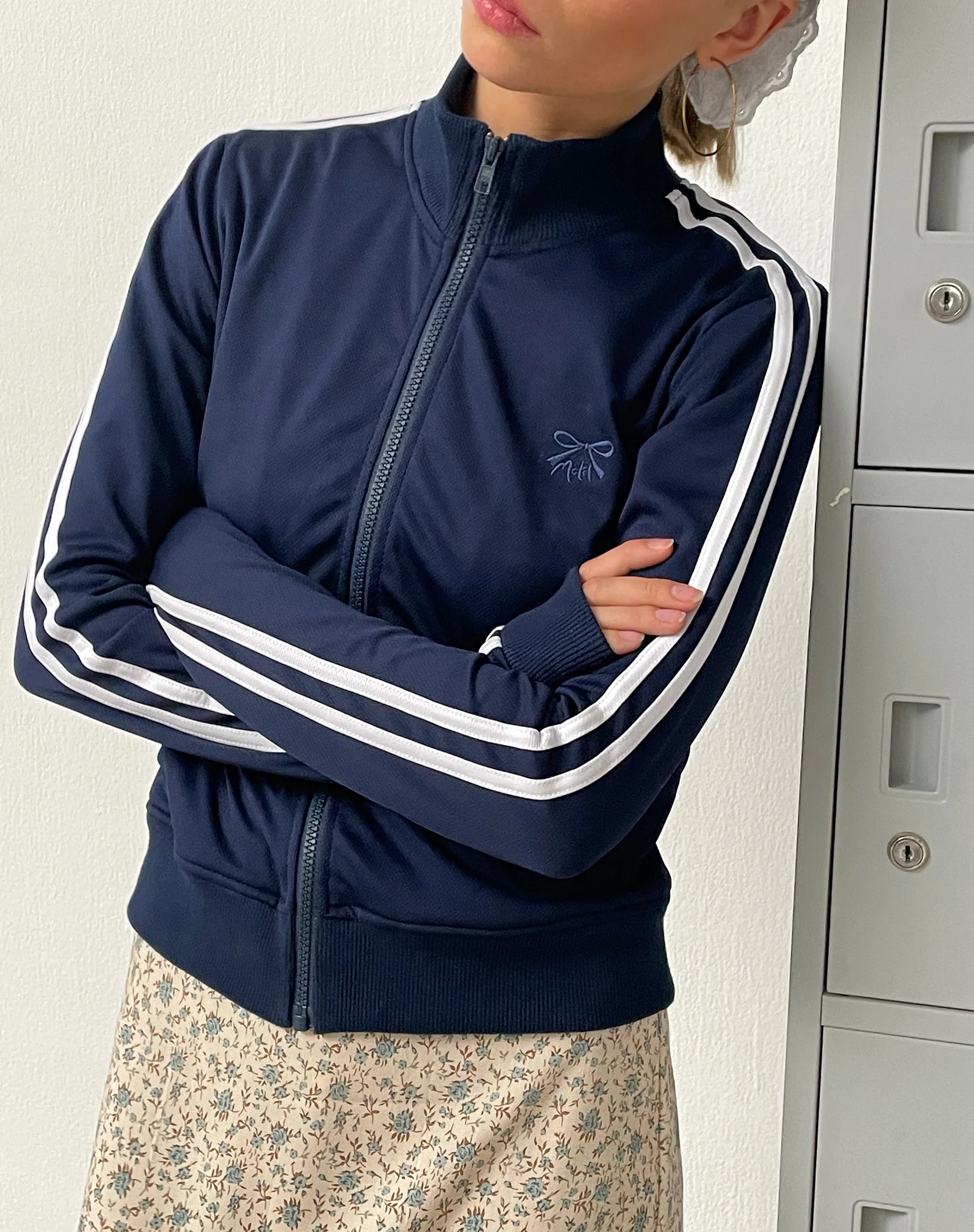 Orion Zip Up Jumper in Navy with White Stripes and M Embroidery - Image 2